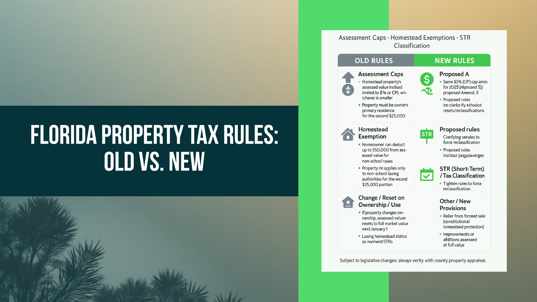 Infographic comparing Florida property tax law changes in 2025 for investors