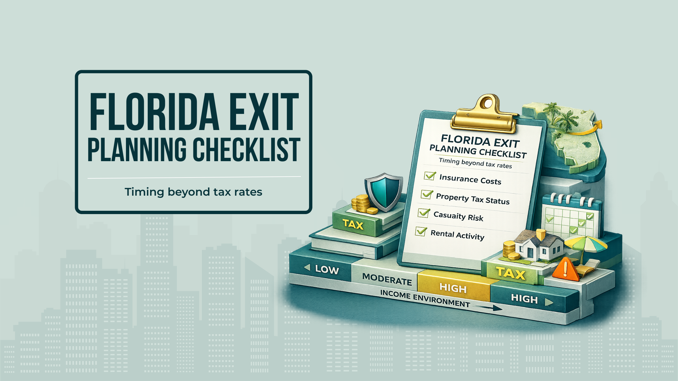 Checklist showing Florida-specific factors such as insurance costs, property tax status, casualty risk, and rental activity affecting exit timing.