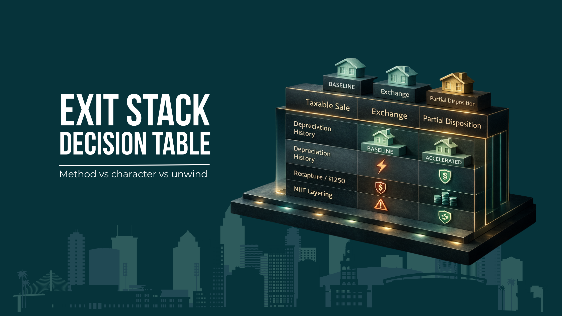 Decision table comparing taxable sale, exchange, and partial disposition against depreciation history, recapture/§1250 sensitivity, NIIT layering, and unwind risk.