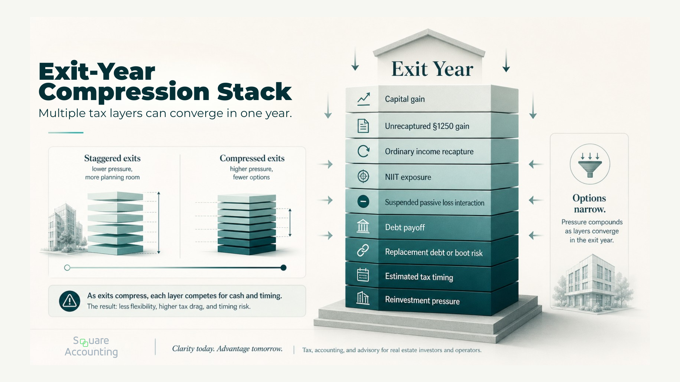 Exit-year stack showing capital gain, depreciation recapture, NIIT exposure, passive loss treatment, debt payoff, replacement debt, and reinvestment pressure.
