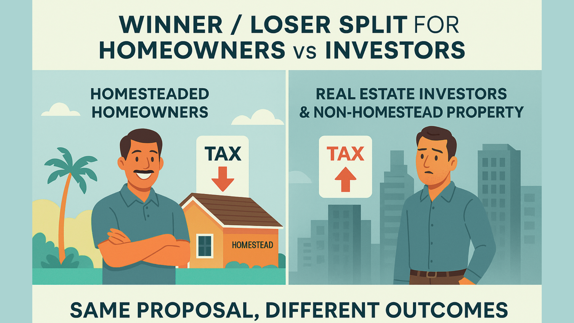 Split image showing Florida homesteaded homeowner benefiting from property tax cuts and investors facing higher tax burden