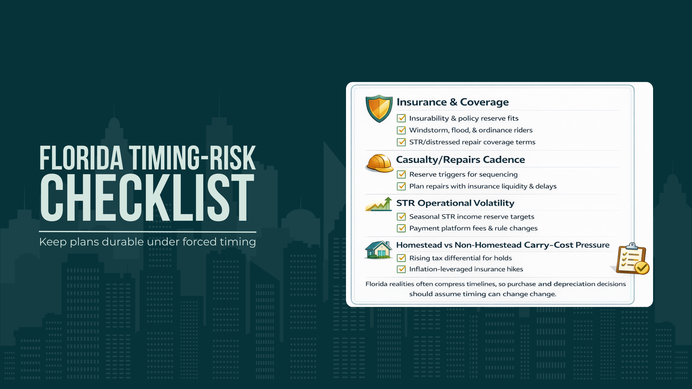 Checklist graphic for Florida planning factors—insurance, casualty repairs, STR volatility, and carry-cost pressure—linked to sequencing and exit flexibility.