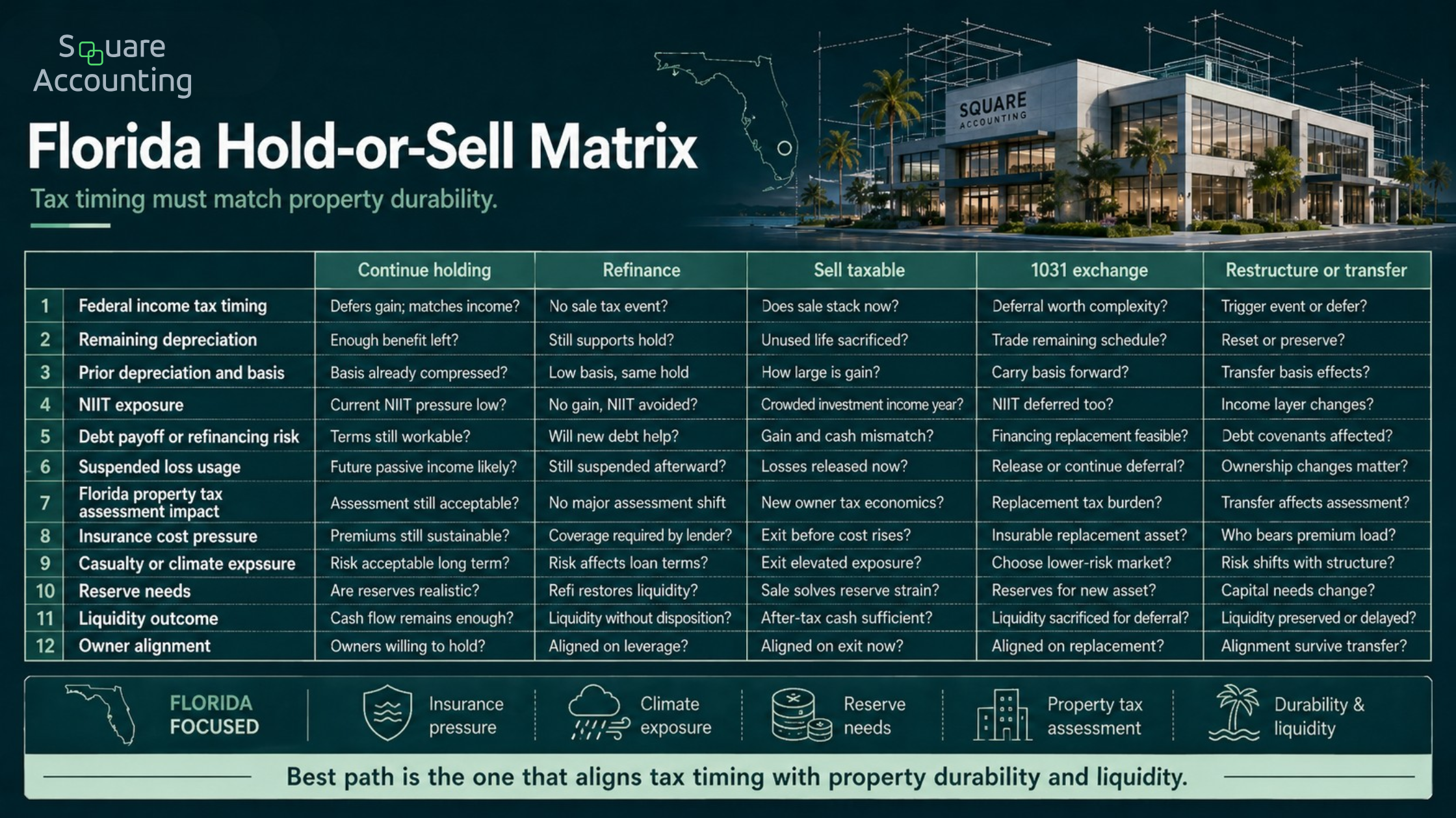 Florida commercial real estate matrix comparing hold, refinance, sell, exchange, and restructure decisions across tax timing, insurance, reserves, property tax, and liquidity.