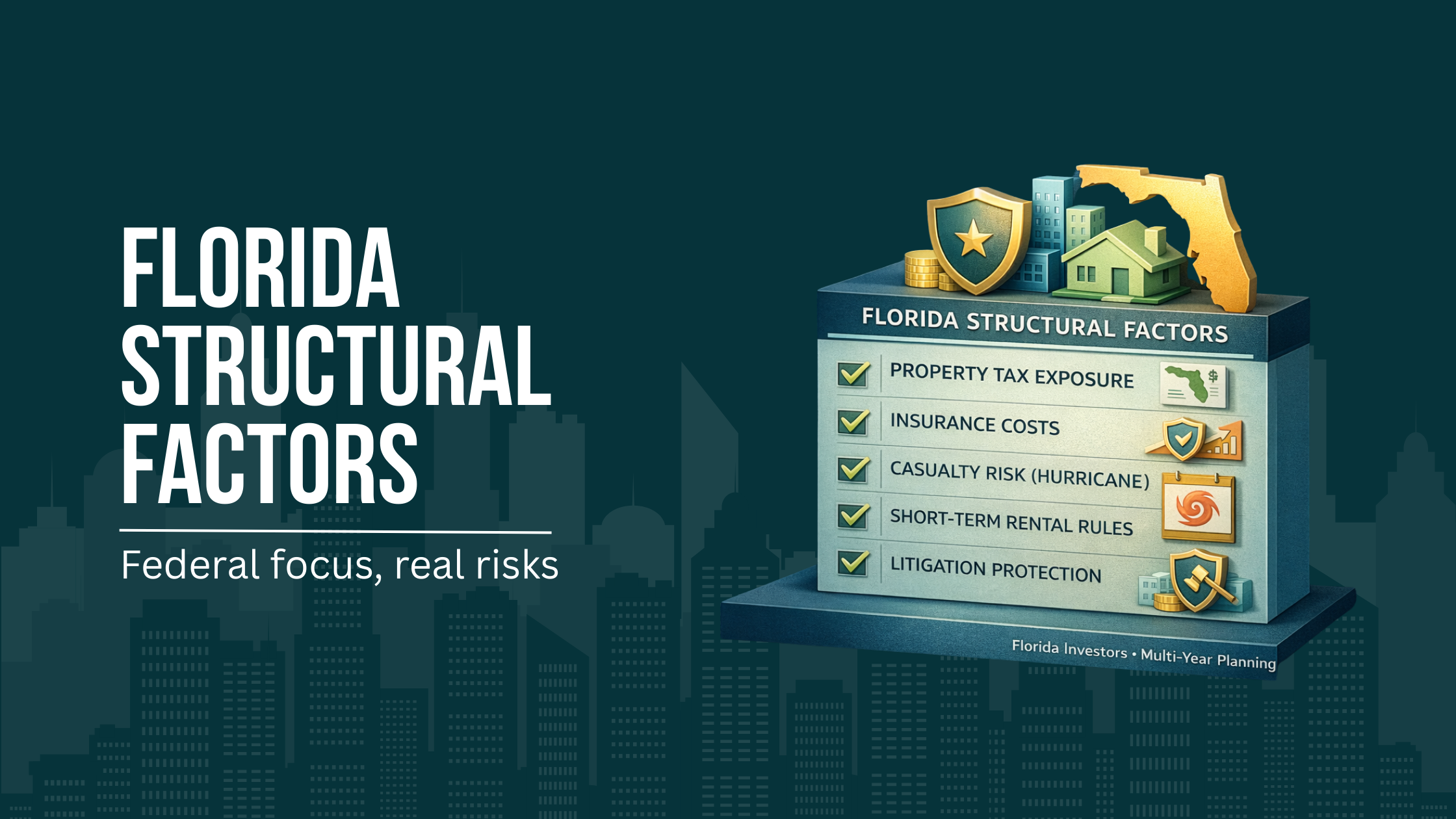Checklist showing Florida-specific entity planning factors including property tax, insurance, casualty risk, and short-term rentals