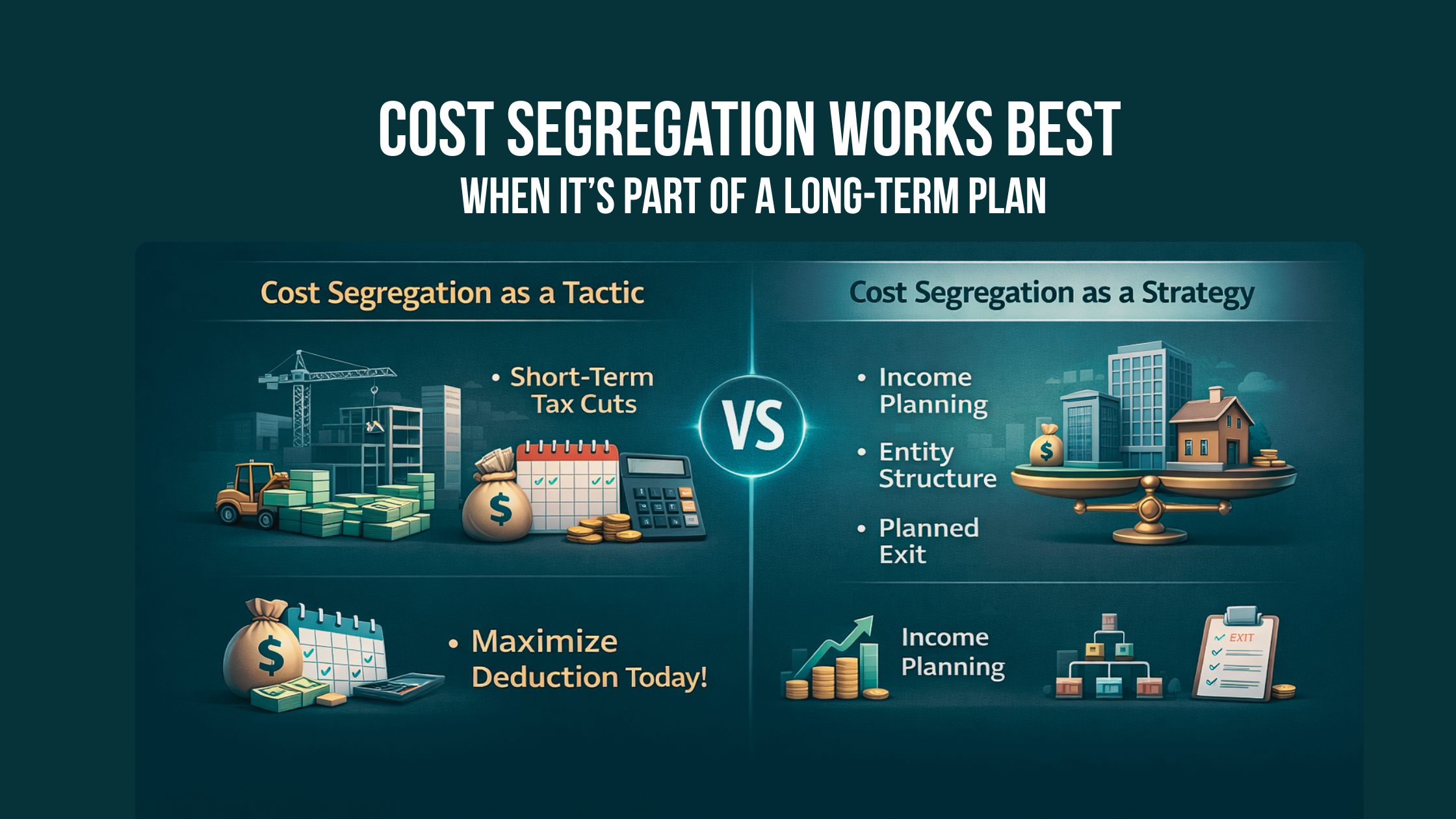 Cost segregation comparison showing short-term tax tactics versus long-term depreciation and exit planning strategy