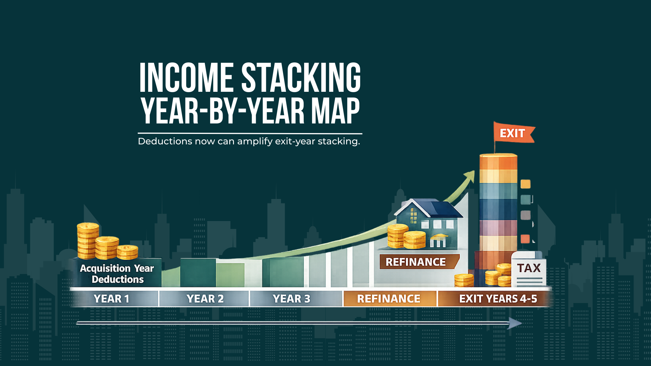 Multi-year timeline mapping acquisition deductions, refinance, and exit-year gain stacking with NIIT exposure.