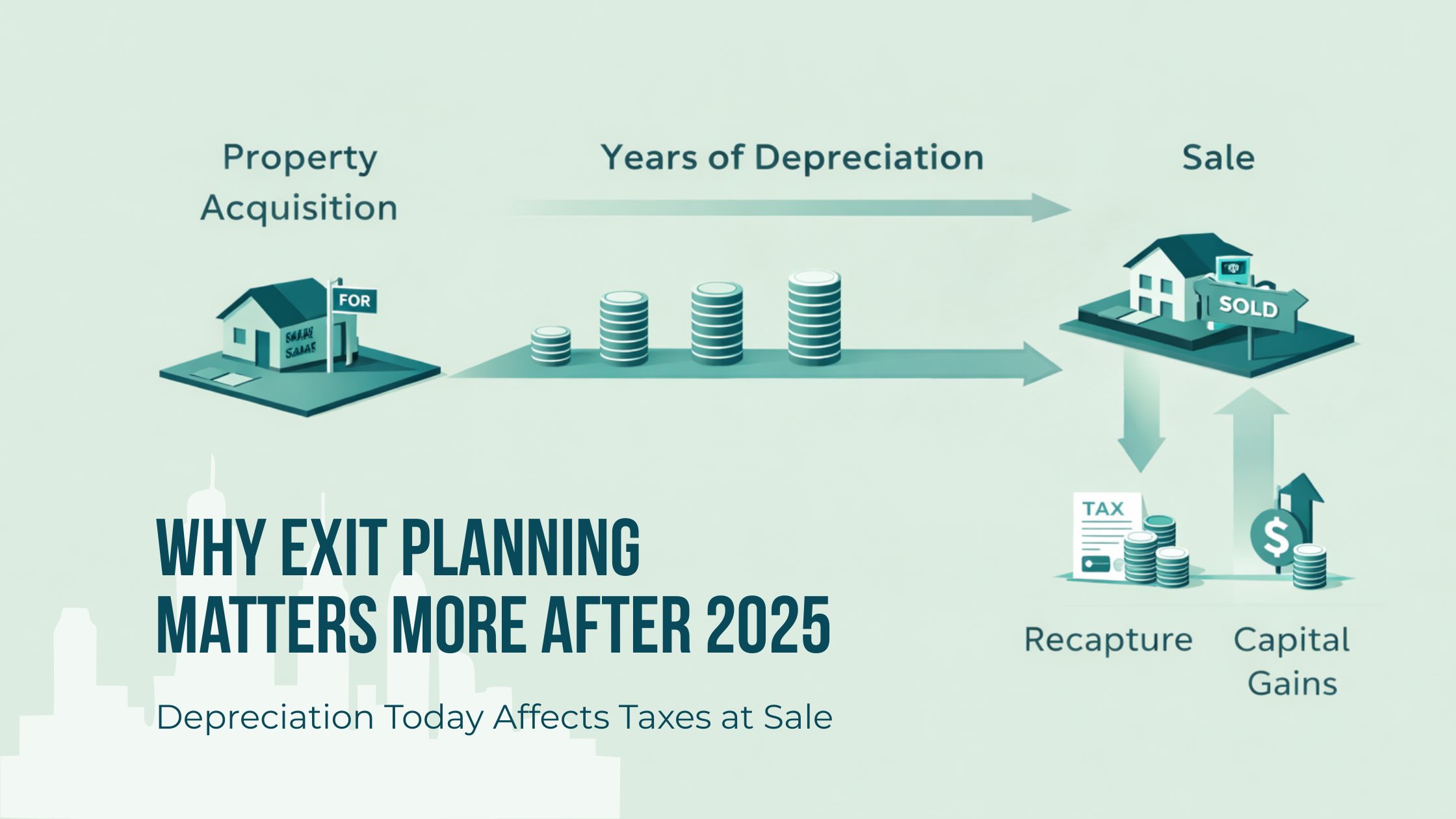 Real estate exit planning diagram showing depreciation recapture and higher tax exposure after 2025 for Florida property investors