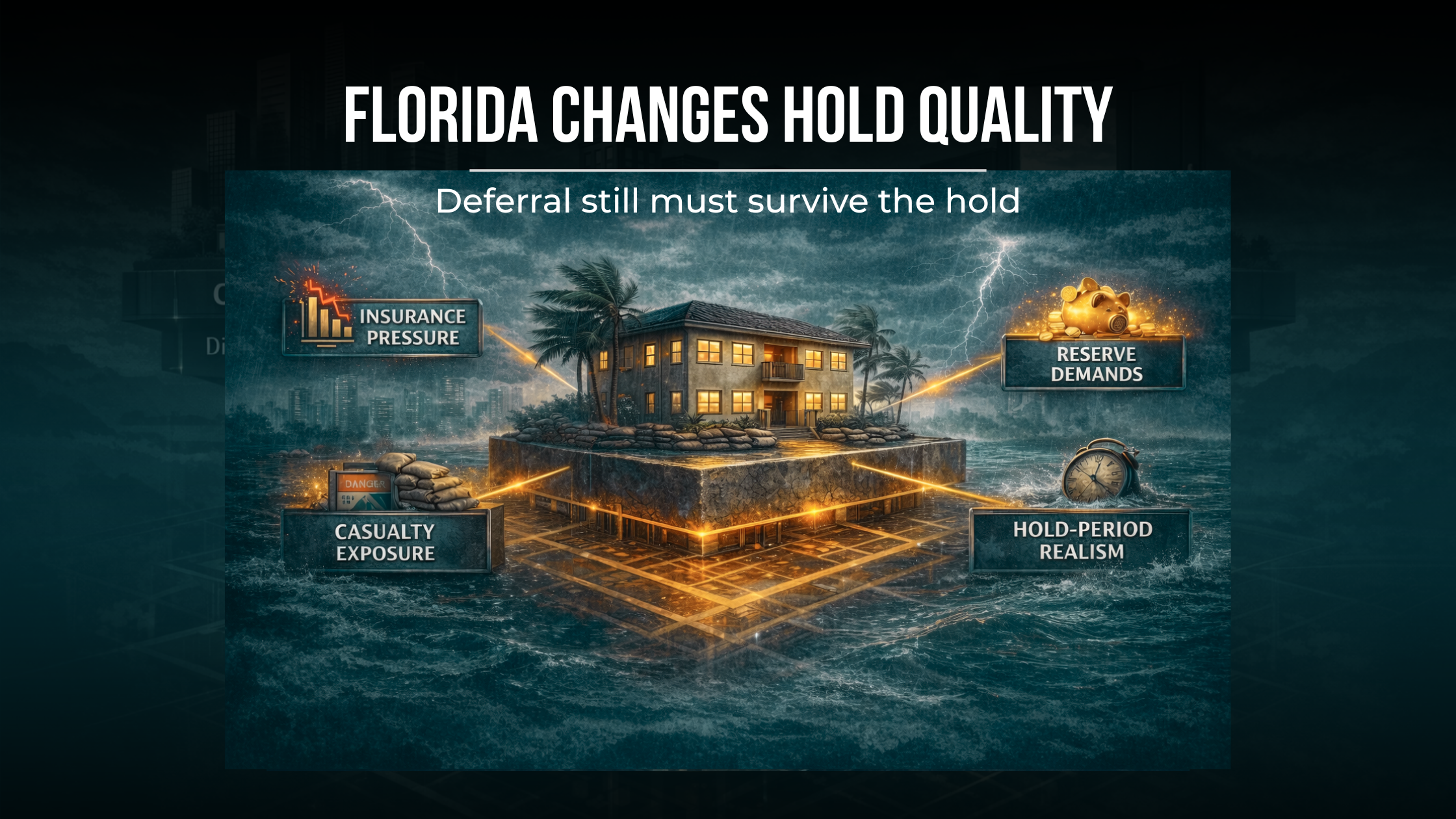 Florida real estate planning framework showing a replacement property evaluated through insurance, reserves, casualty exposure, and hold-period durability.