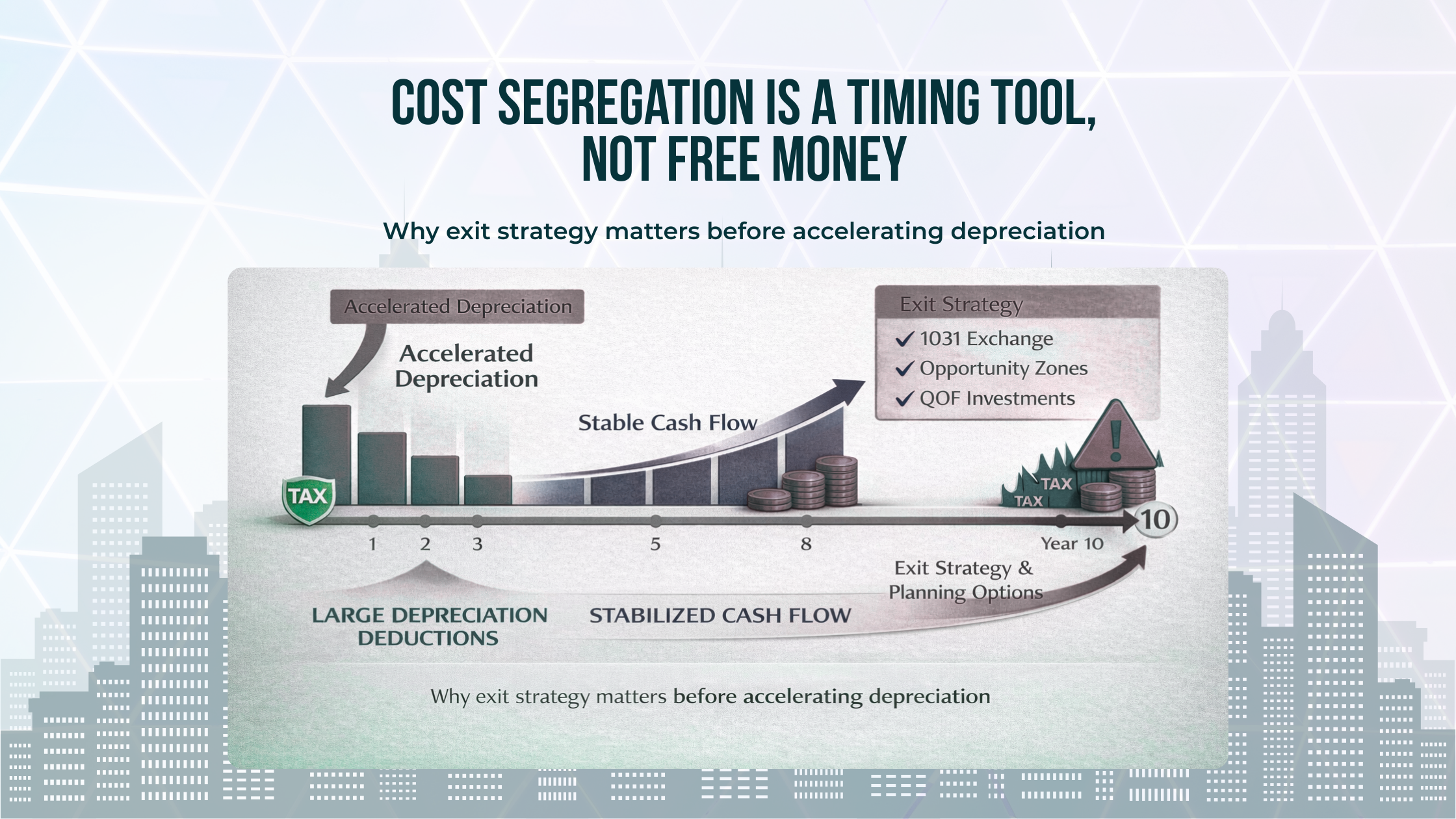 Cost segregation timeline showing accelerated depreciation benefits and future recapture risks for high-income investors