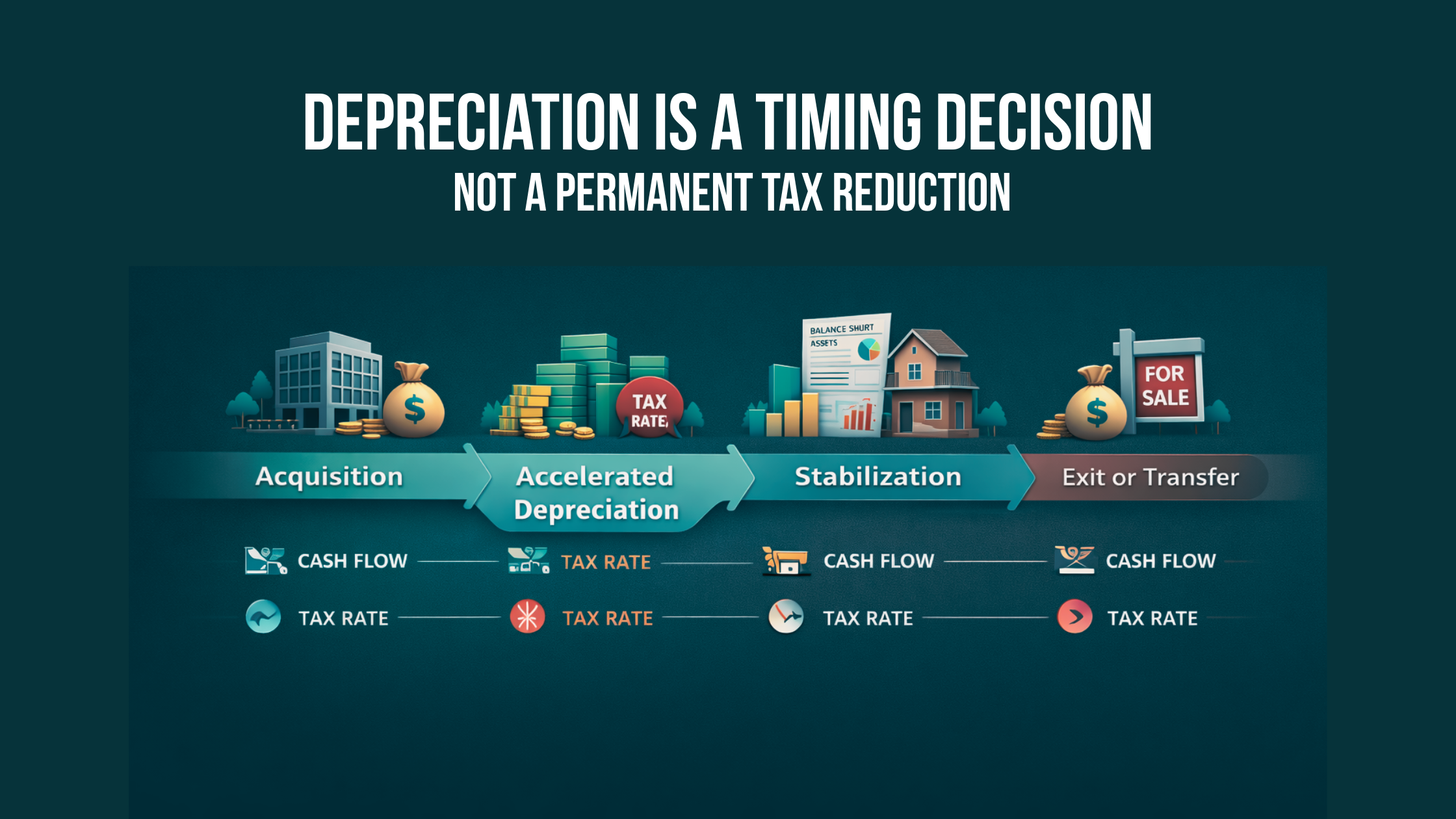 Depreciation timing and sequencing strategy across the asset lifecycle showing tax impact from acquisition to exit