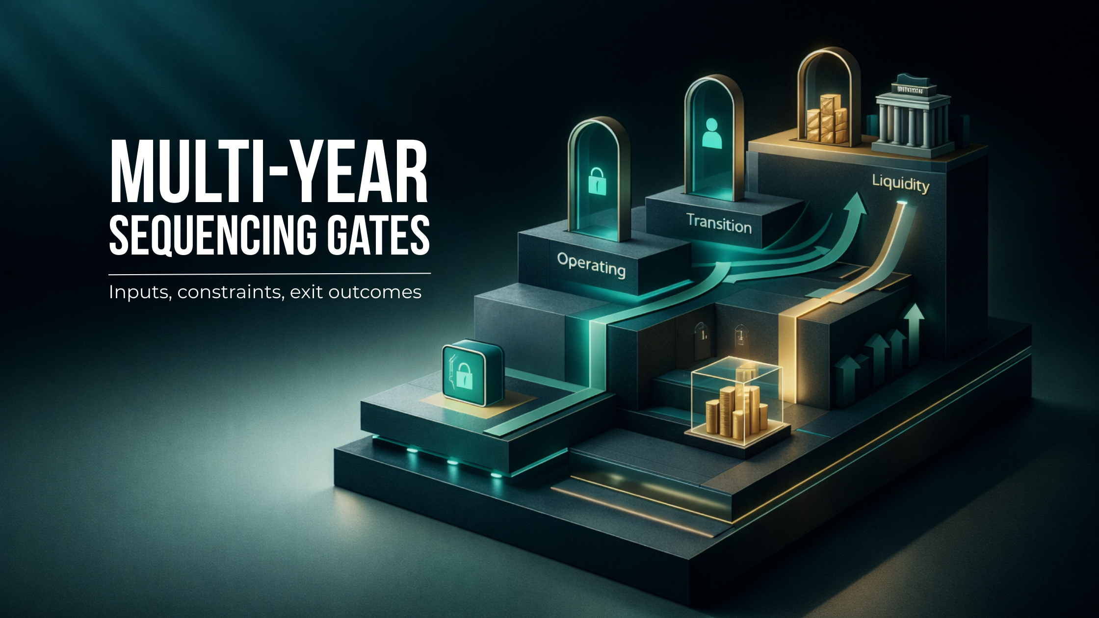 Timeline showing operating, transition, and liquidity phases with decision gates for depreciation pacing, participation posture, and exit-path selection.