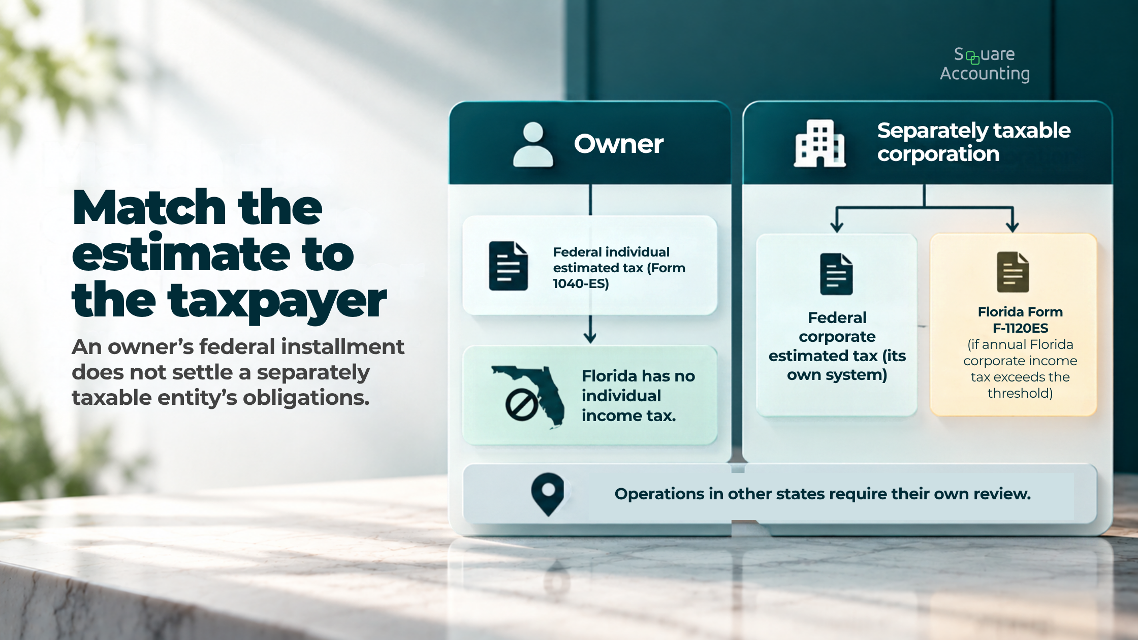 Separate columns show an owner’s federal estimates and a corporation’s conditional tax obligations.