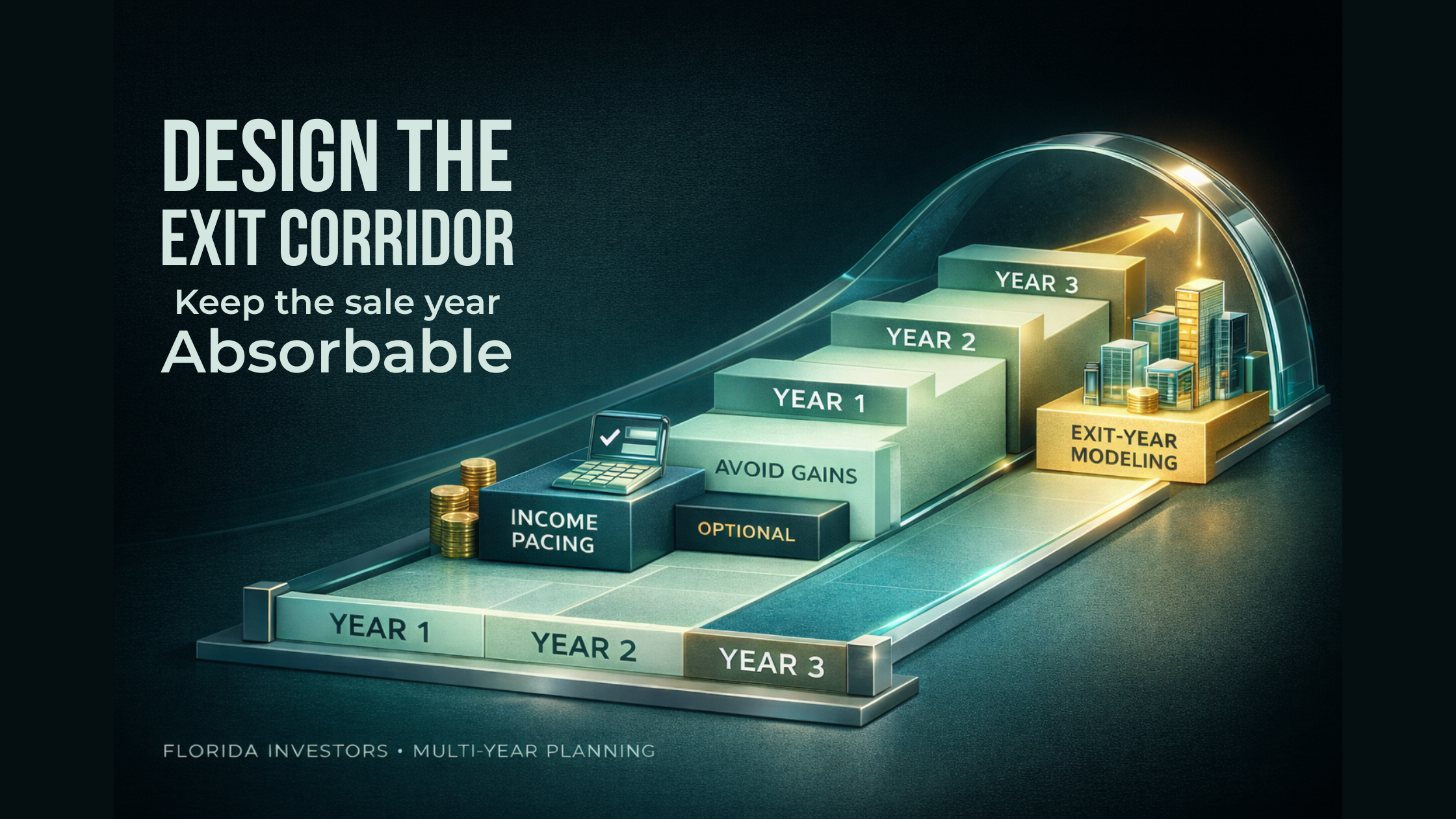 Timeline labeled Year 1, Year 2, Year 3 showing income pacing, optional gains avoidance, NIIT check, and exit-year character modeling steps.