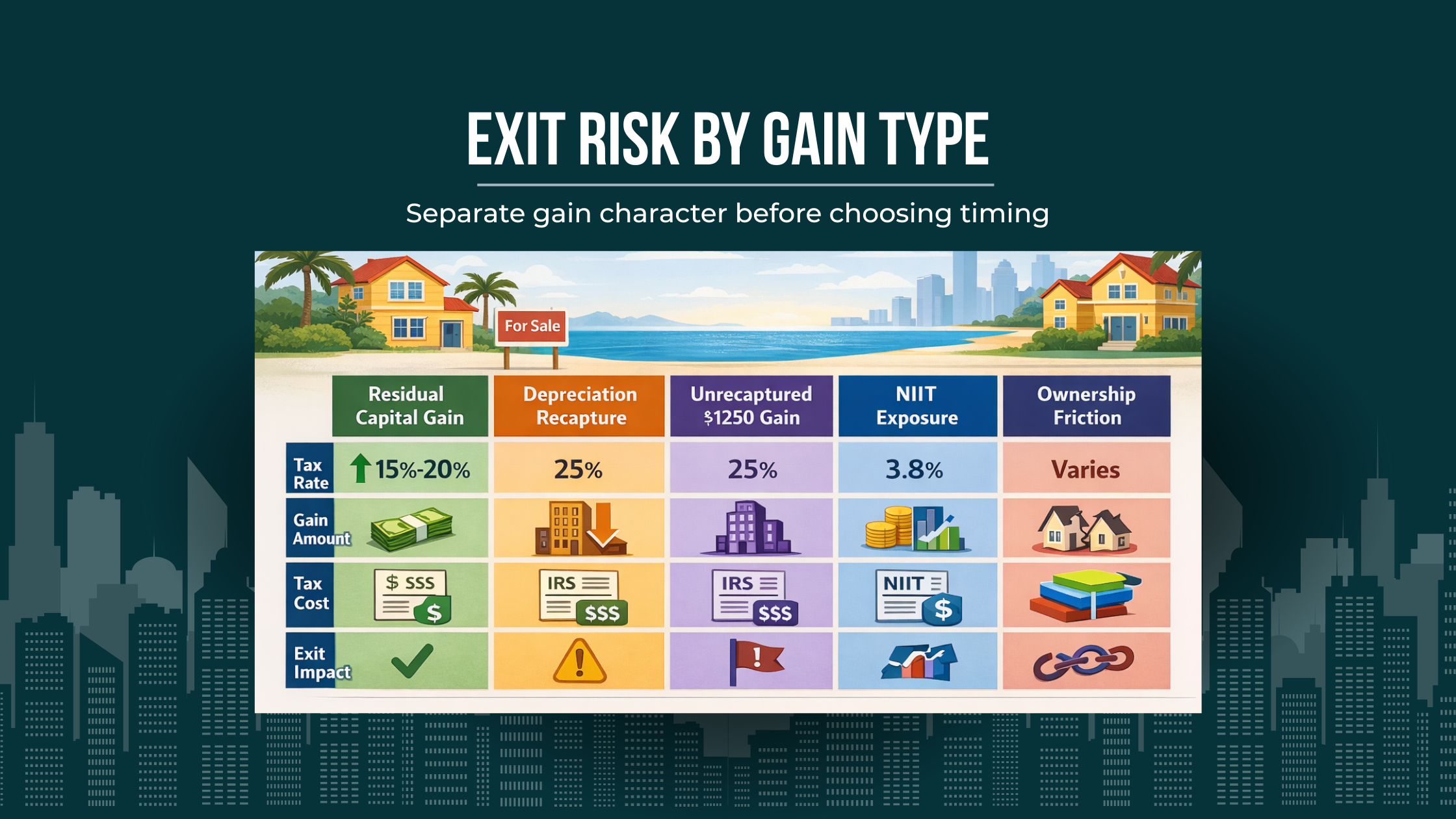 Decision matrix showing capital gain, depreciation recapture, unrecaptured Section 1250 gain, NIIT exposure, and entity-related exit risks for Florida real estate owners.