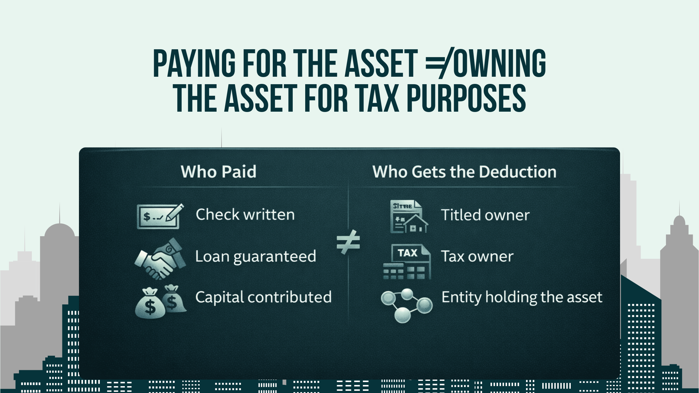 Comparison graphic explaining that tax deductions follow asset ownership rather than who paid for the property, highlighting ownership versus funding in tax planning