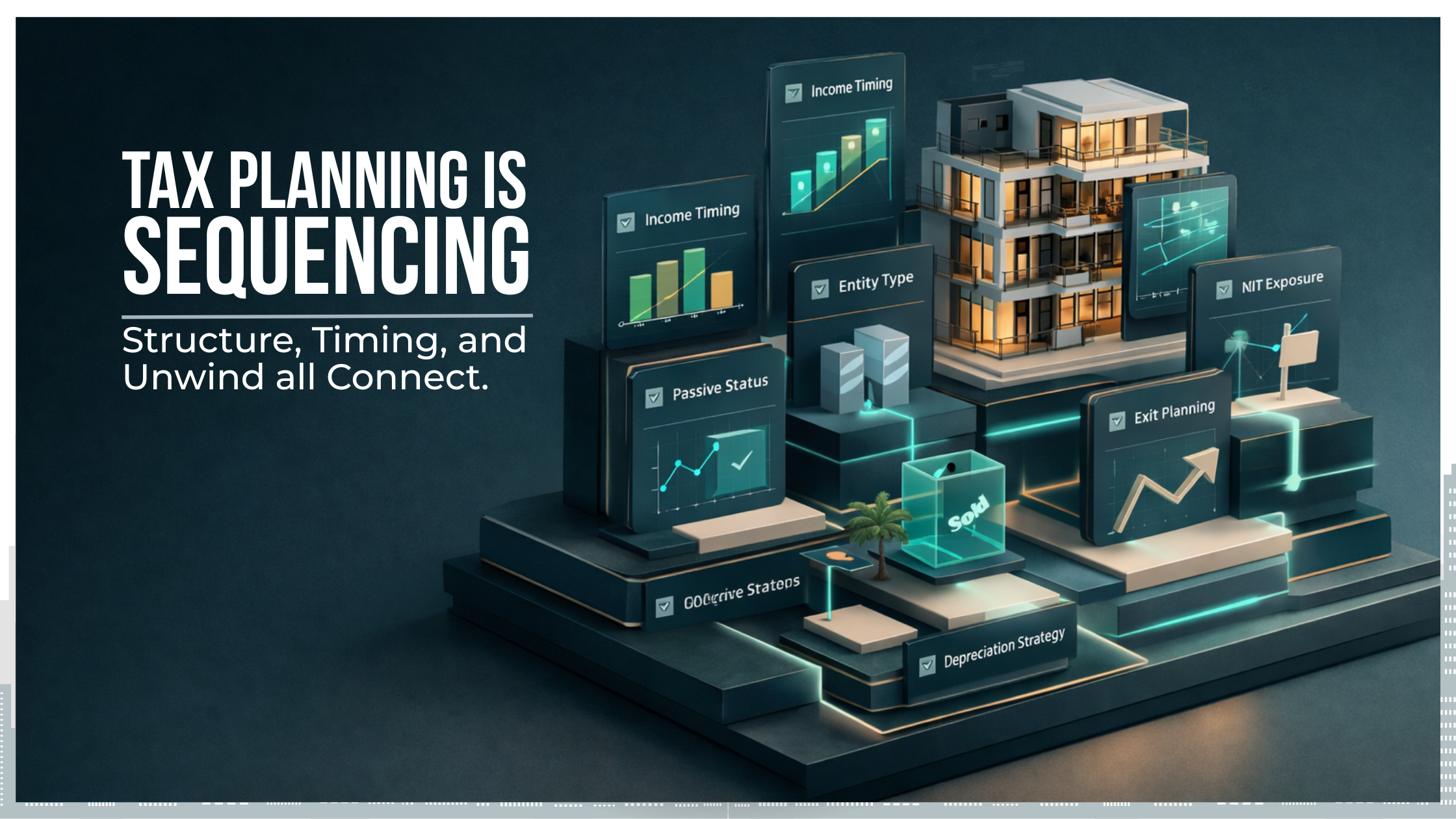 Architectural framework diagram showing how income timing, entity structure, passive status, NIIT exposure, depreciation strategy, and exit planning connect across a real estate portfolio.