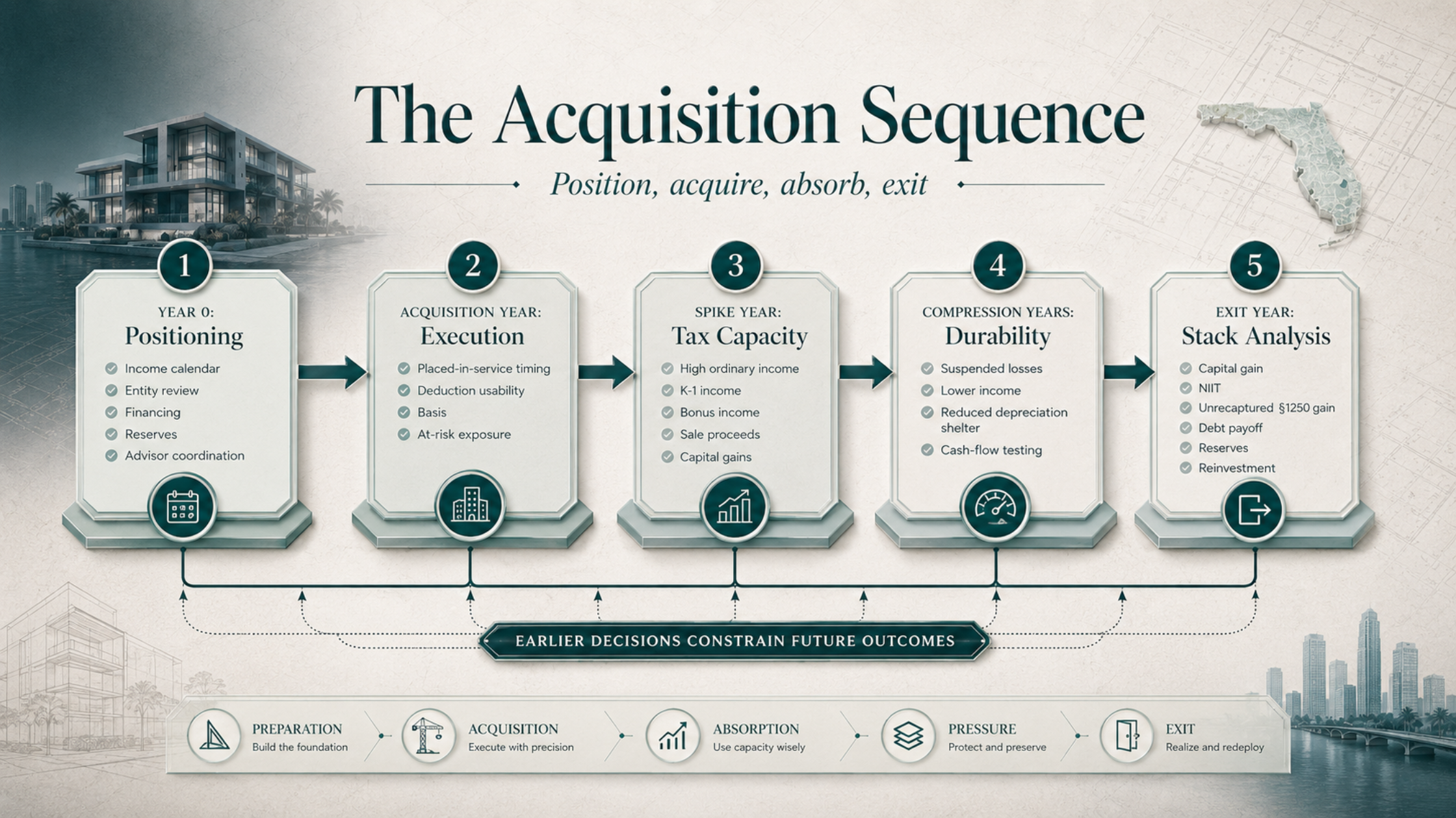 Multi-year timeline showing Year 0 positioning, acquisition-year deduction usability, income spike planning, compression-year cash flow, and exit-year tax stacking.