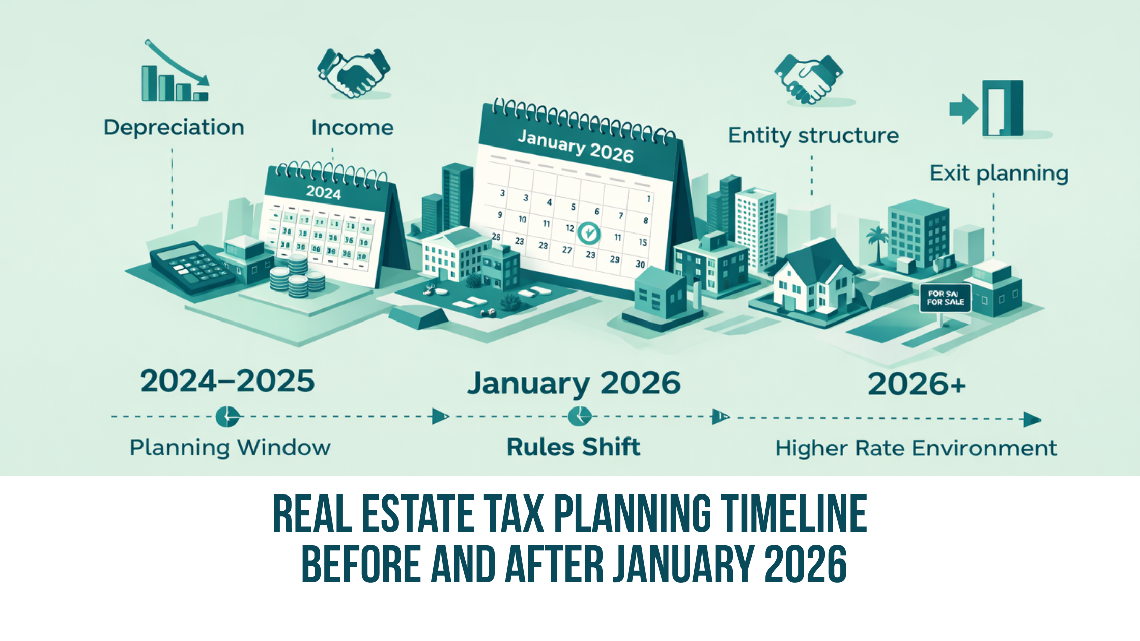 Real estate tax planning timeline showing bonus depreciation reduction, higher marginal tax rates, and strategic planning window before January 2026 for Florida investors
