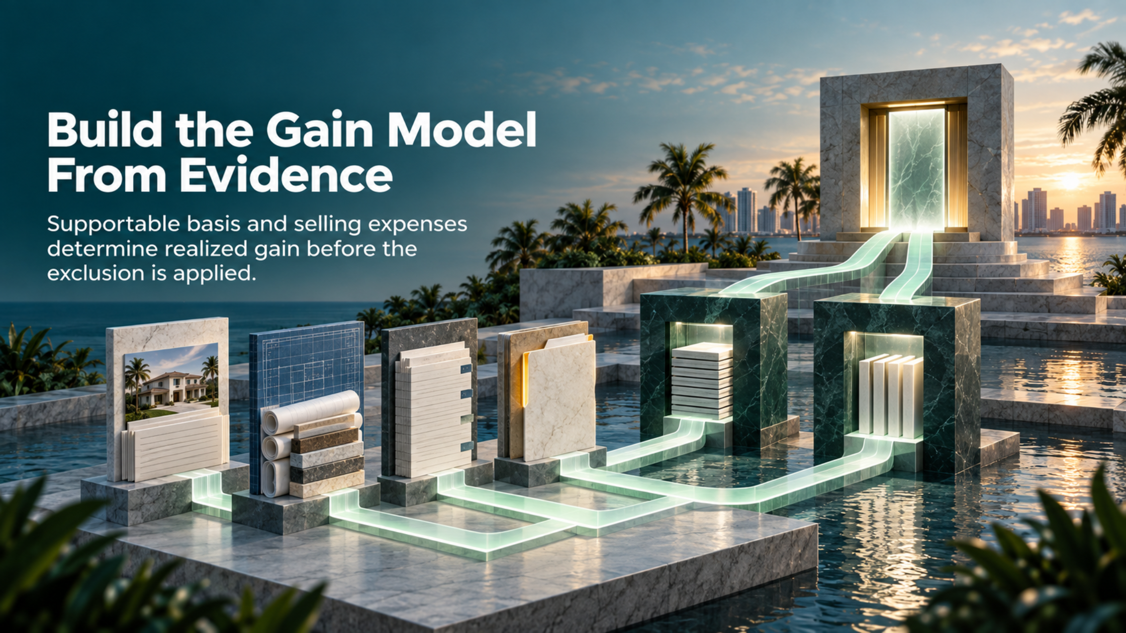 Property records and selling expenses feeding adjusted basis, amount realized, and the final gain calculation.