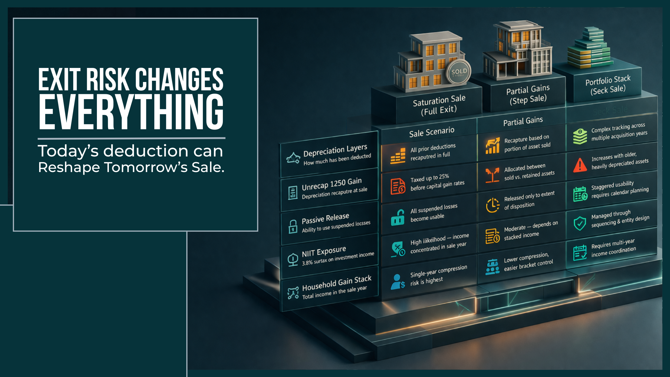 Decision matrix comparing sale timing, depreciation policy, passive-loss release, NIIT exposure, and recapture risk across different exit-year scenarios for real estate investors.