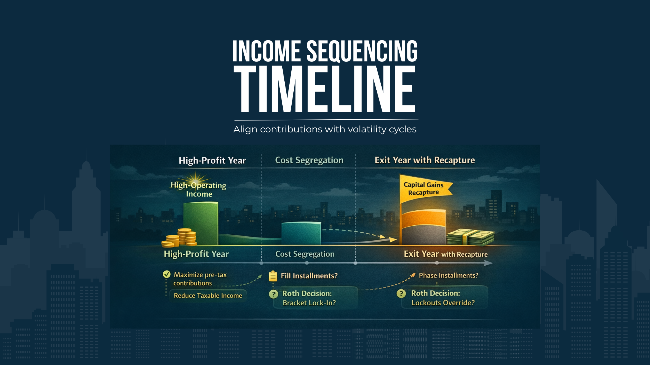 Multi-year timeline showing high operating income, cost segregation year, and exit year with recapture aligned with retirement contribution decisions.