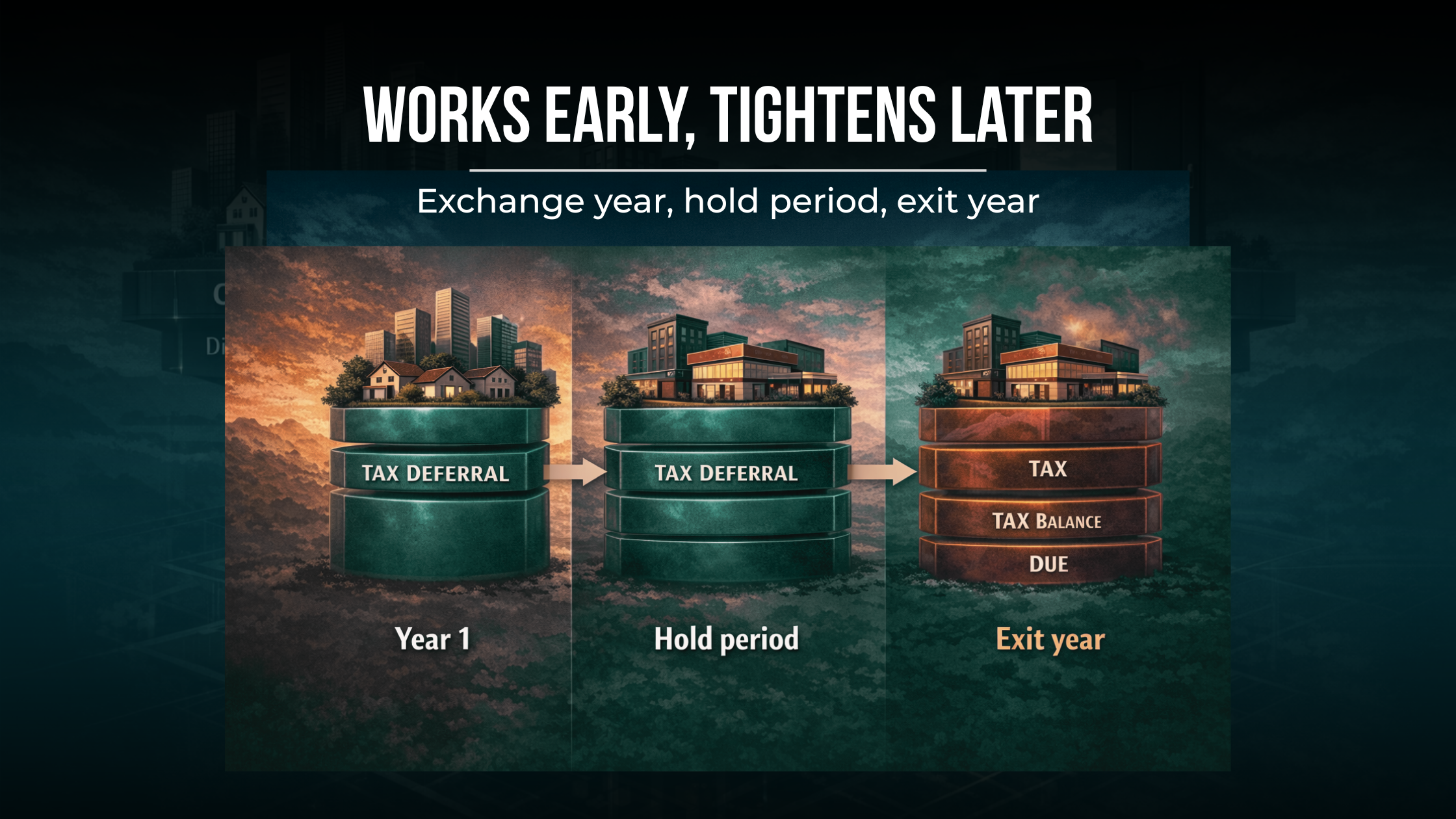 Three-stage planning graphic showing an exchange year benefit, a hold-period evaluation phase, and a more concentrated exit-year tax stack.