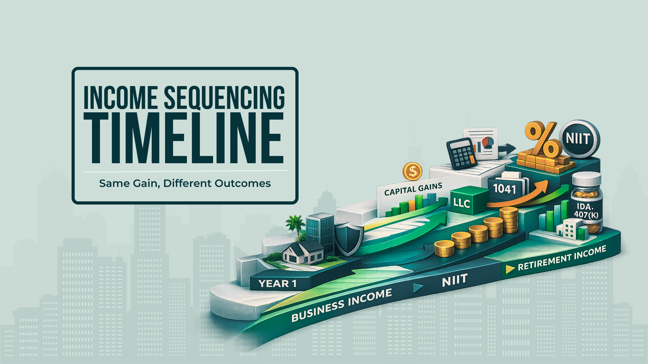 Timeline showing how capital gains recognized in different years interact with business income, NIIT exposure, and retirement income.