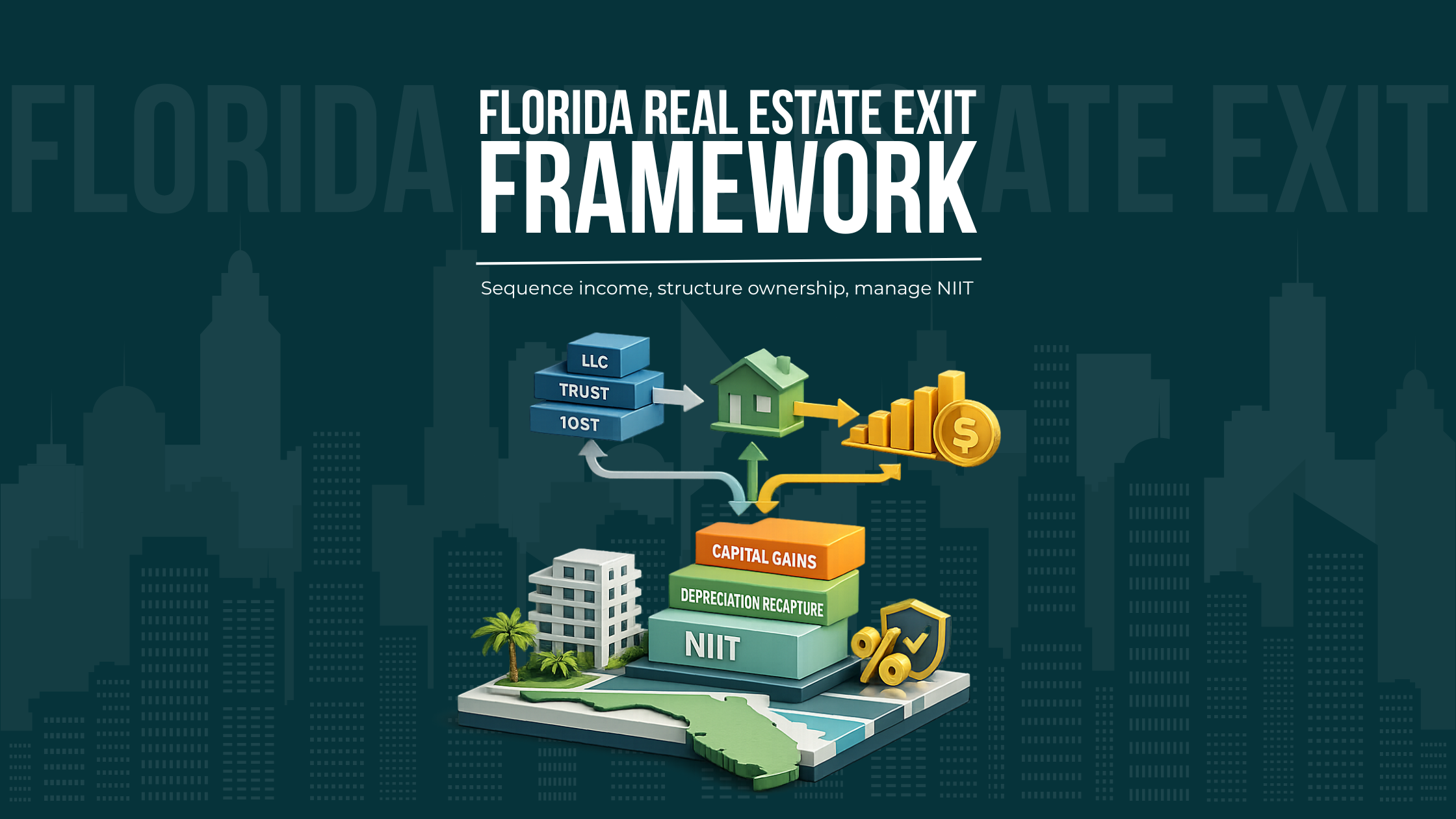 Diagram showing how income stacking, NIIT exposure, depreciation-related gain, and entity structure interact in a Florida rental property sale.