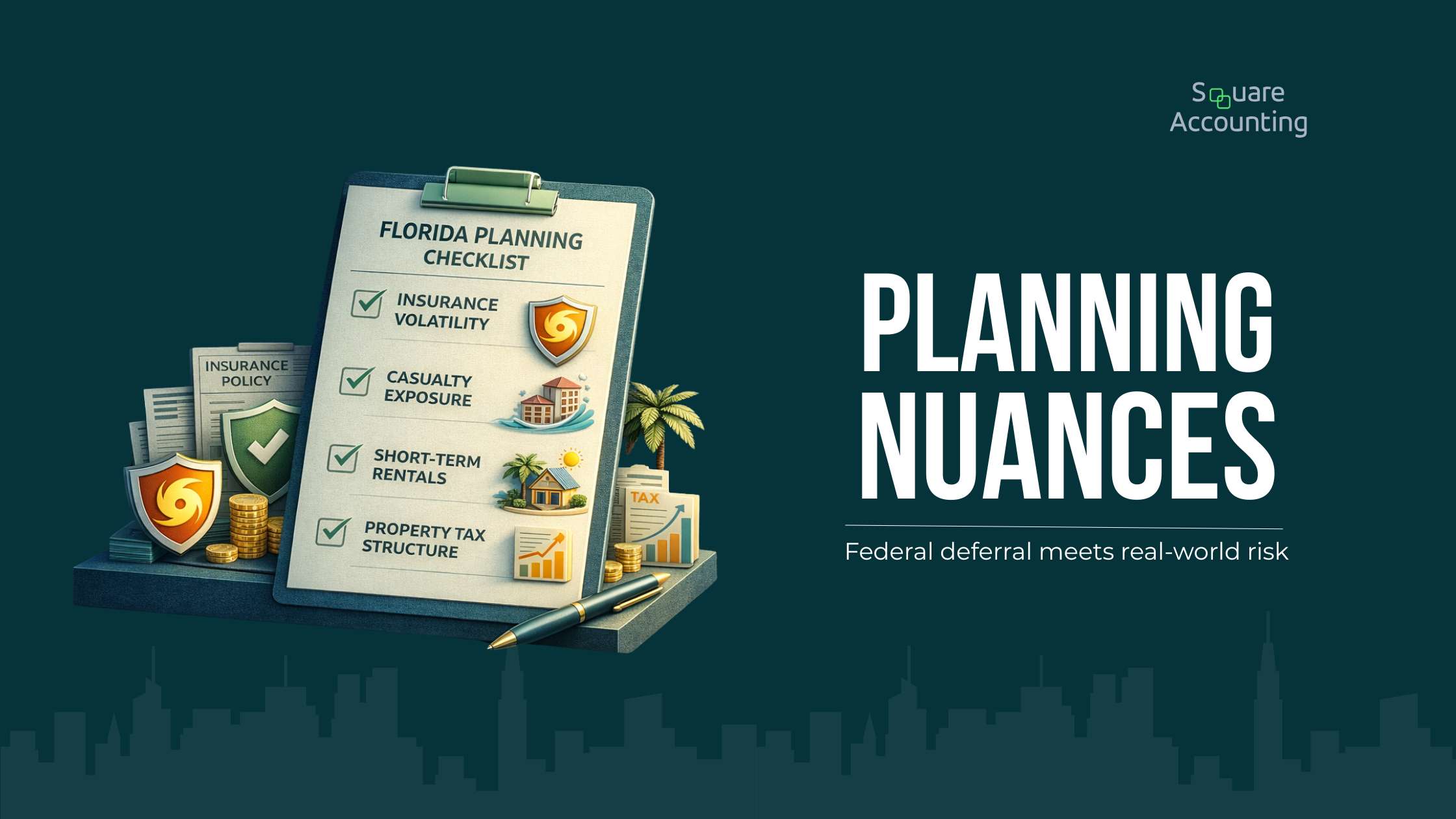 Checklist of Florida-specific factors such as insurance risk, casualty exposure, short-term rentals, and property tax considerations in pension planning.
