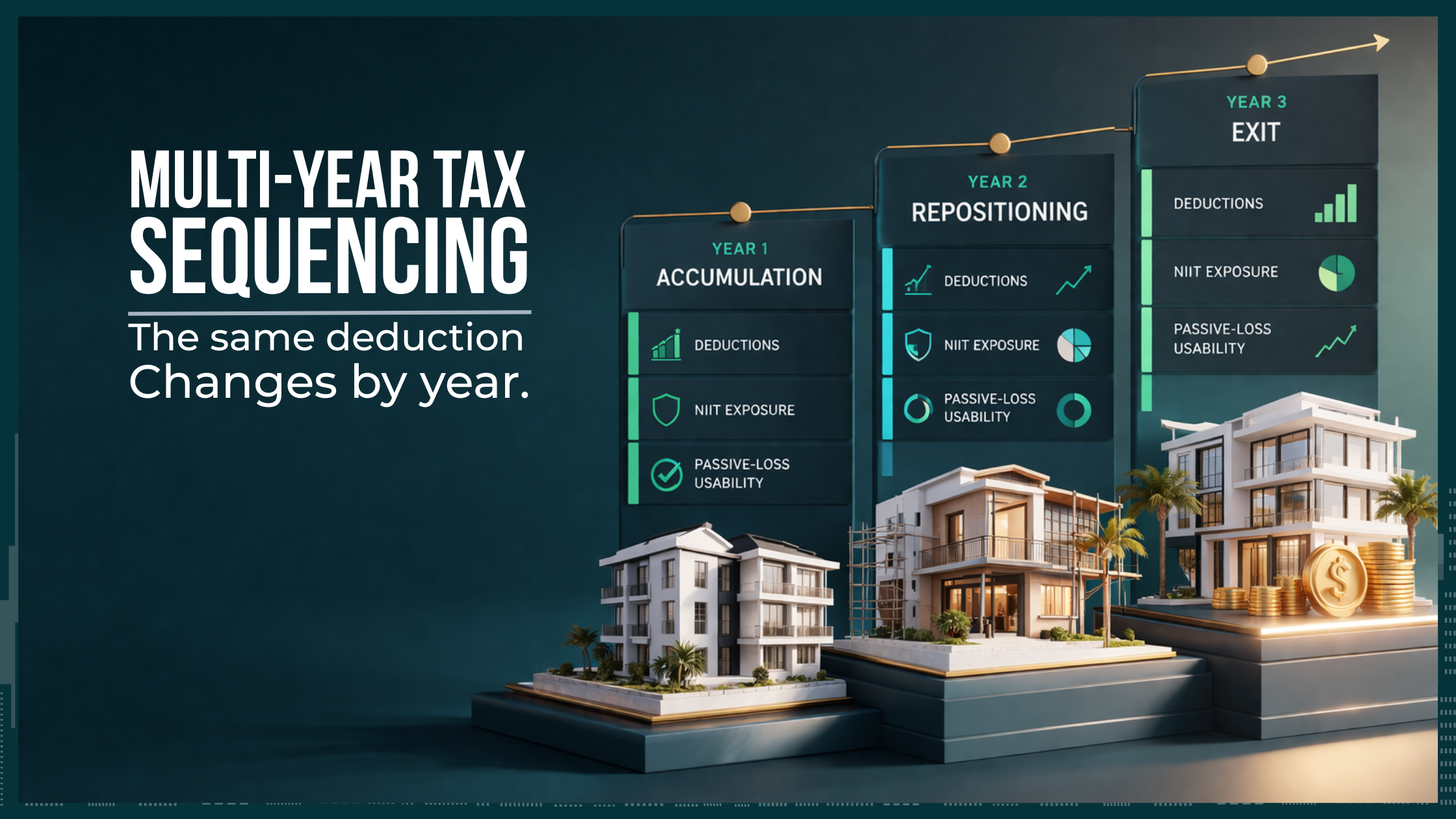 Three-year timeline showing accumulation, repositioning, and exit years with changing interaction among deductions, NIIT exposure, passive-loss usability, and sale-year compression.