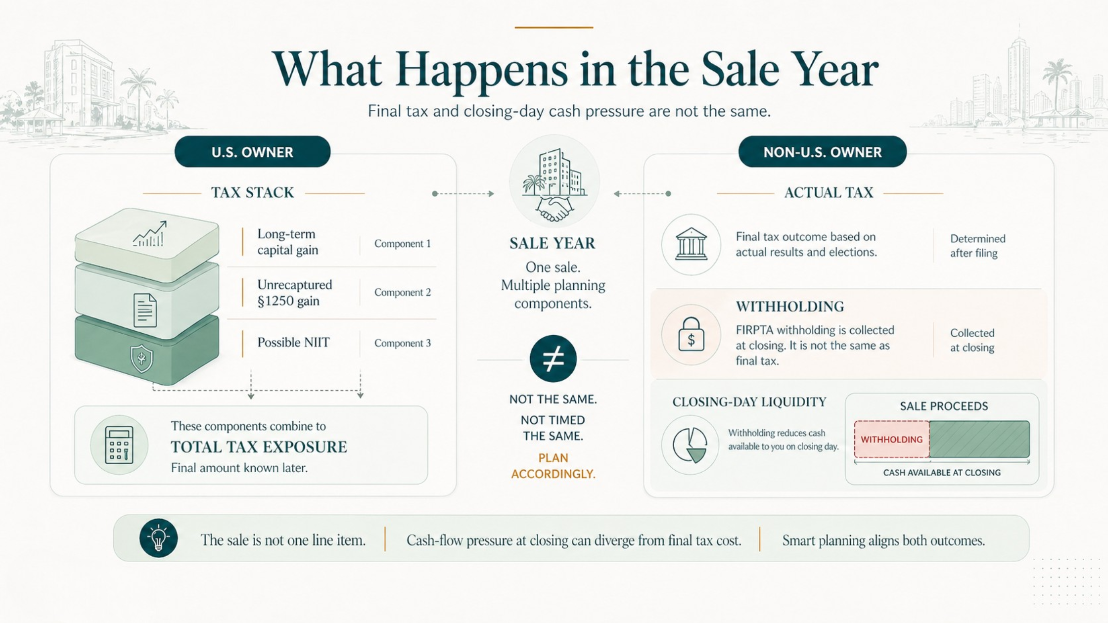 Exit-year planning diagram showing capital gain layers, unrecaptured section 1250 gain, NIIT, and FIRPTA withholding in a Florida real estate sale.
