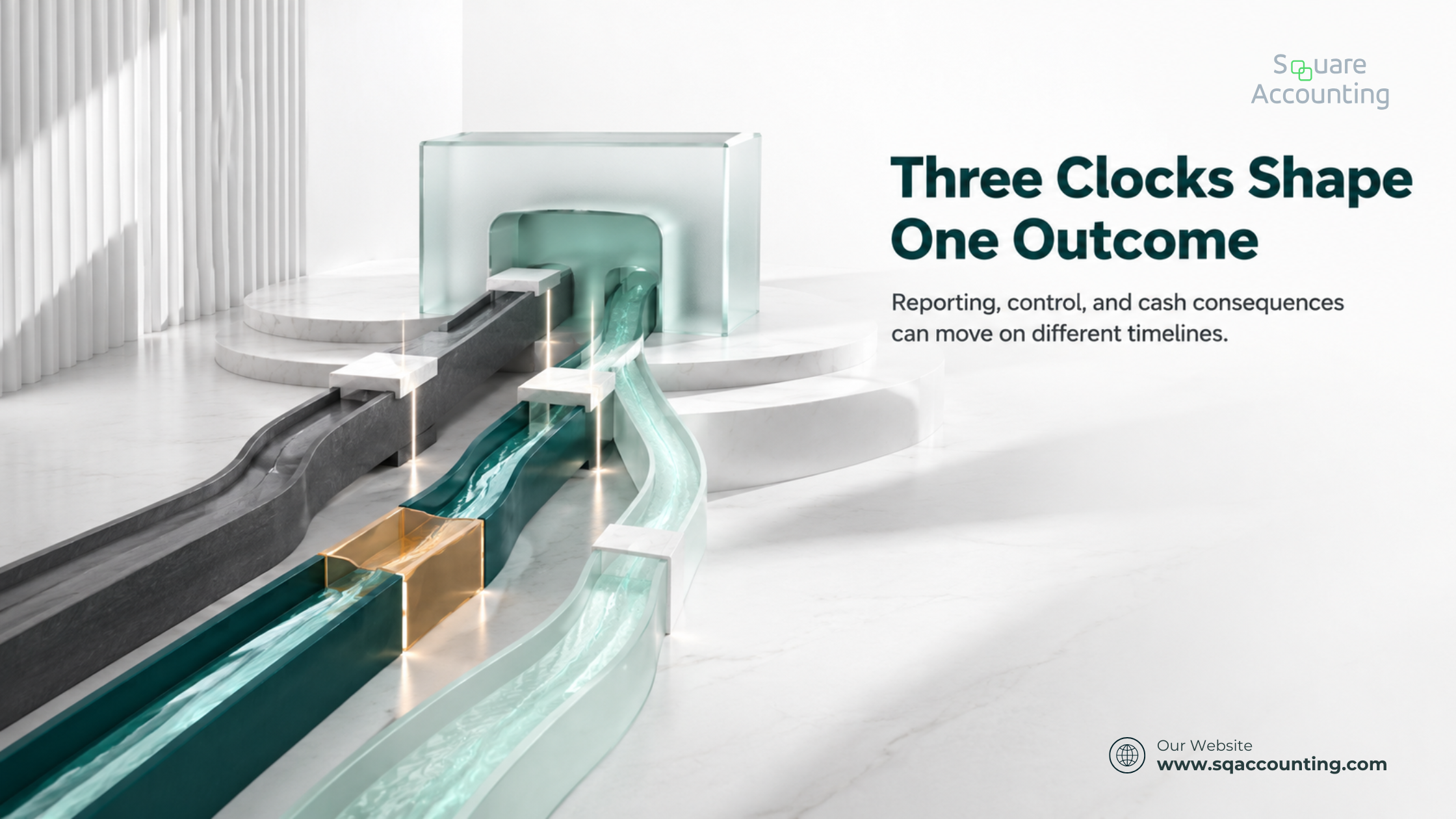 Three staggered pathways show decision control narrowing before reporting and cash consequences arrive.