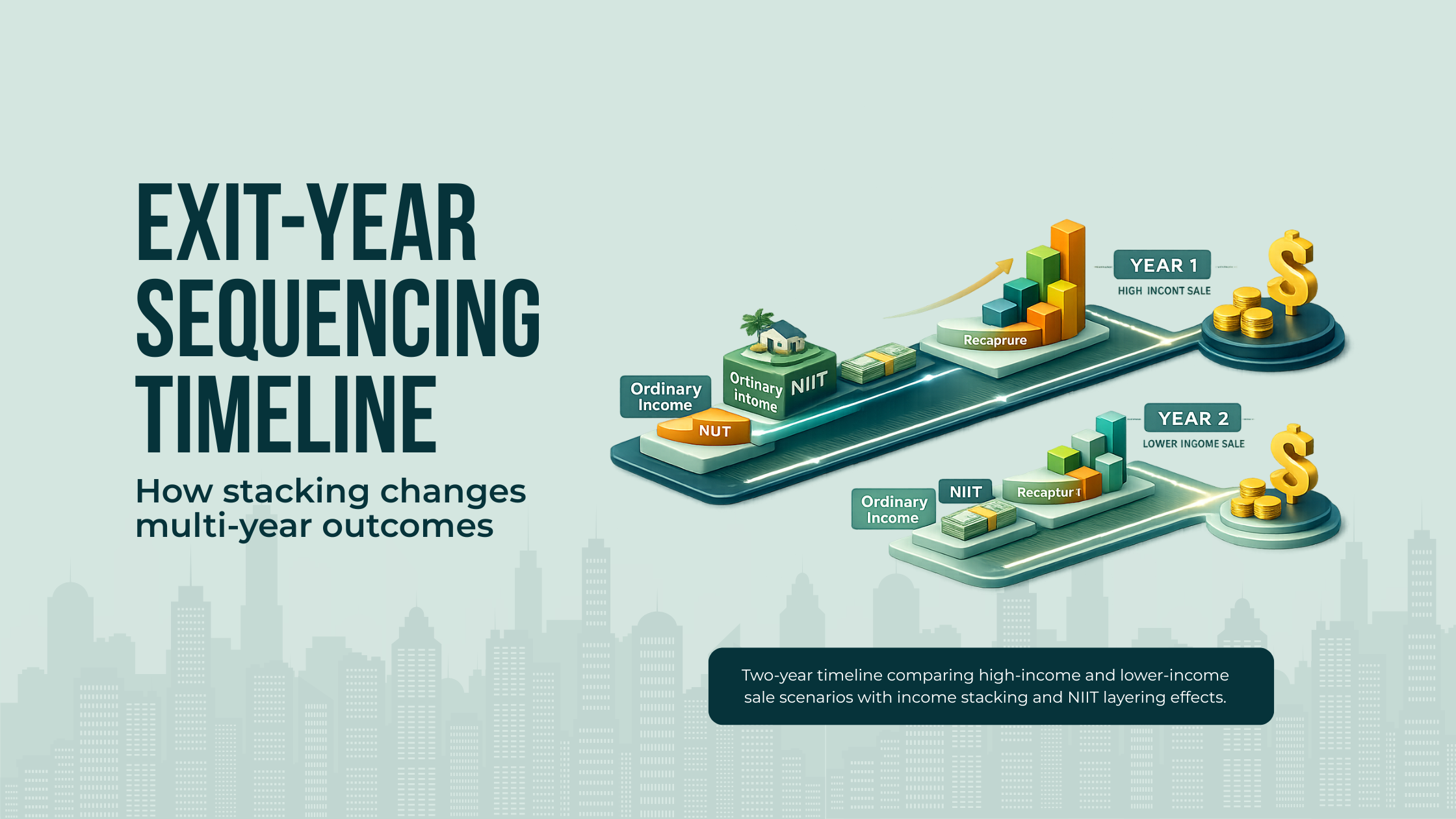 Two-year timeline comparing high-income and lower-income sale scenarios with income stacking and NIIT layering effects.