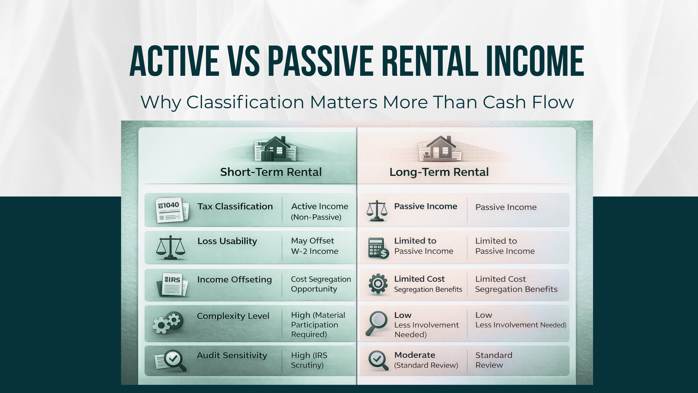 Active vs passive rental income tax treatment comparison for short-term and long-term rentals