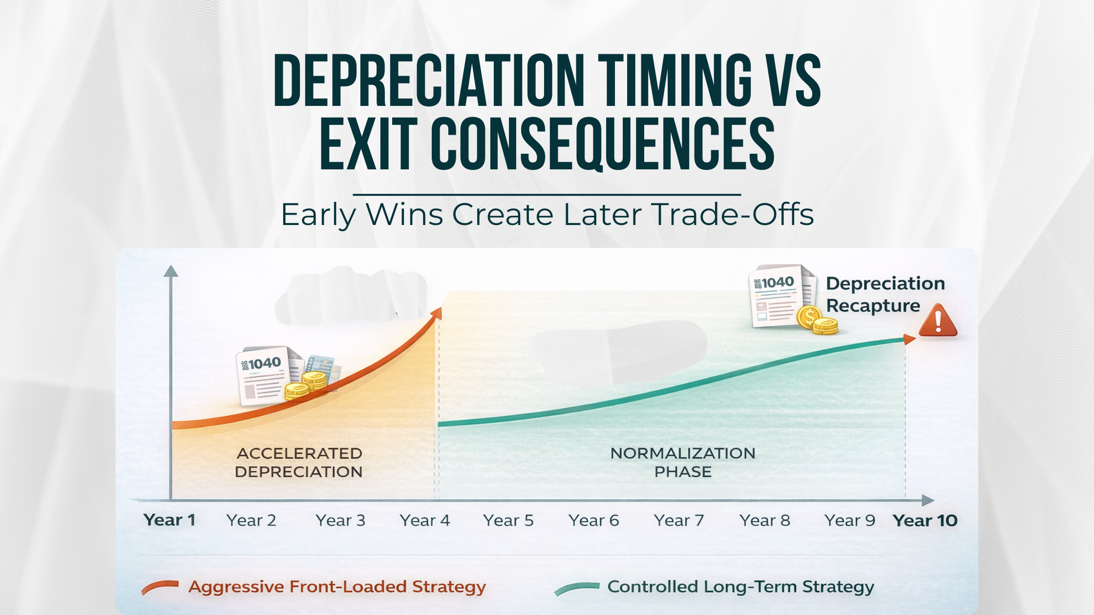 Rental property depreciation and recapture timeline showing long-term tax planning impact