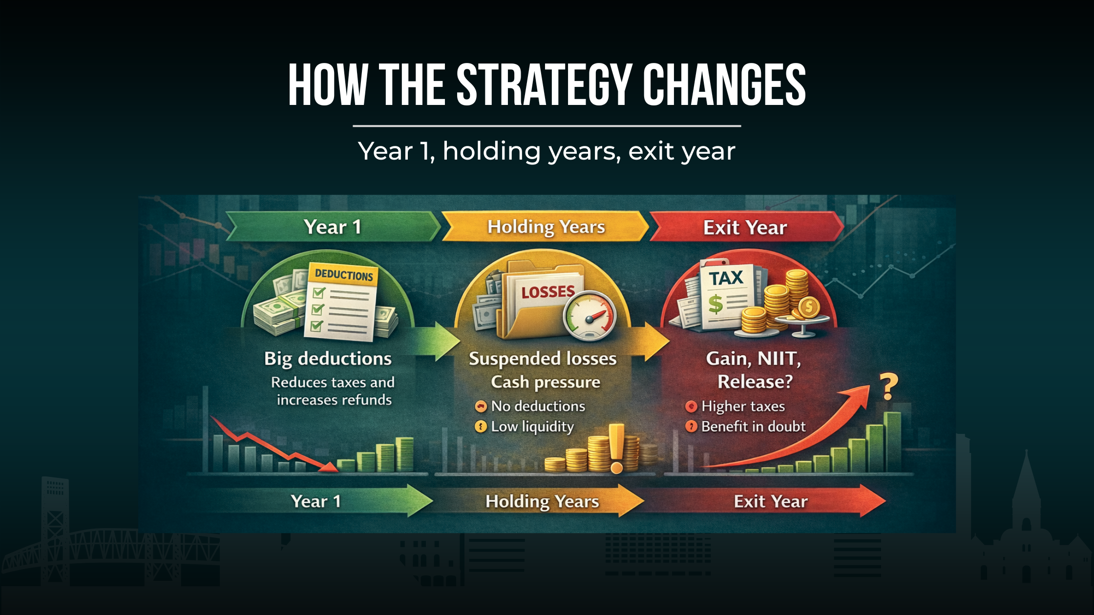 Timeline showing Year 1 deductions, holding-year suspended losses and cash pressure, and exit-year gain, NIIT, and release considerations