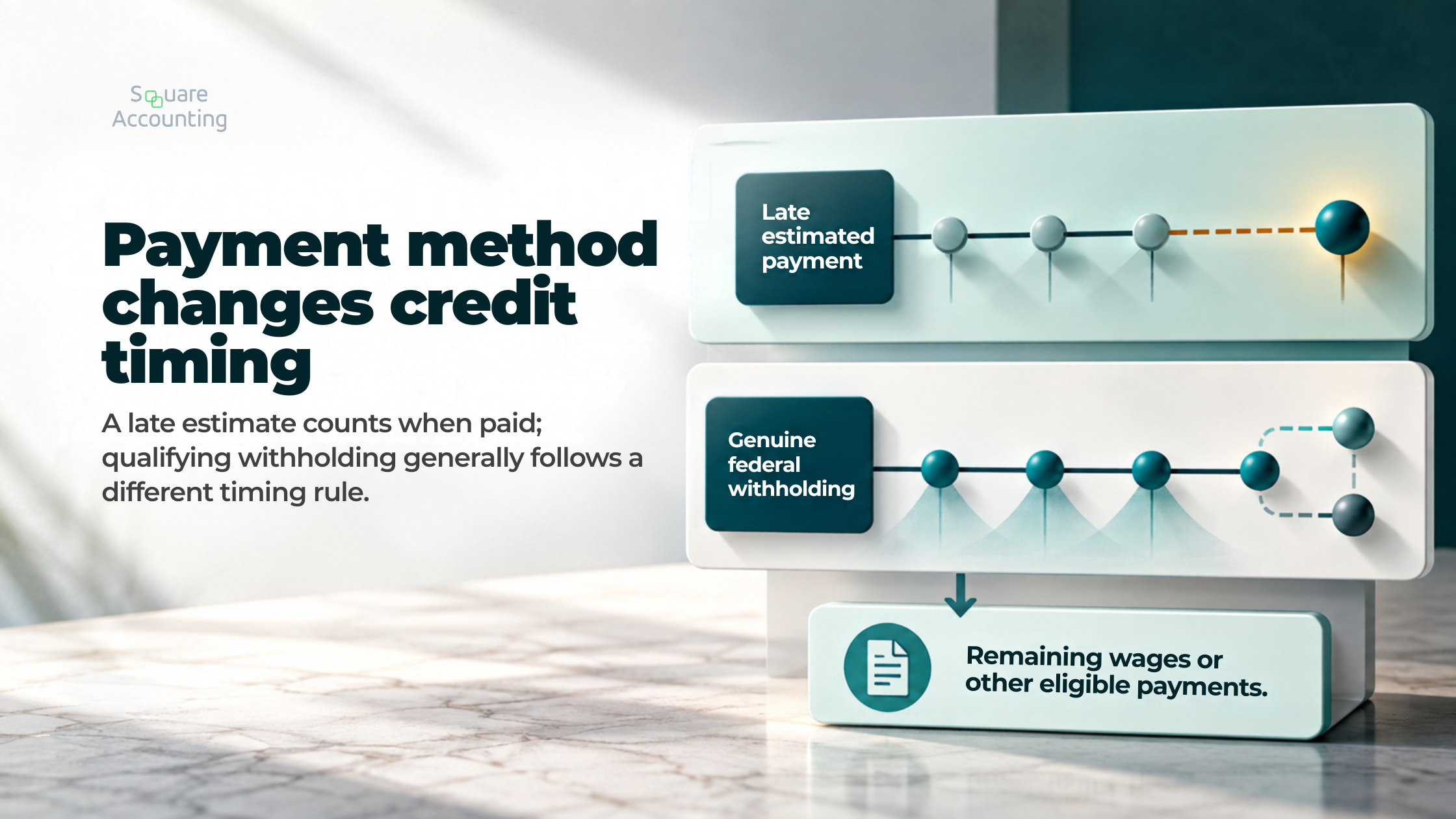 Parallel lanes compare credit timing for a late estimate and genuine federal withholding.