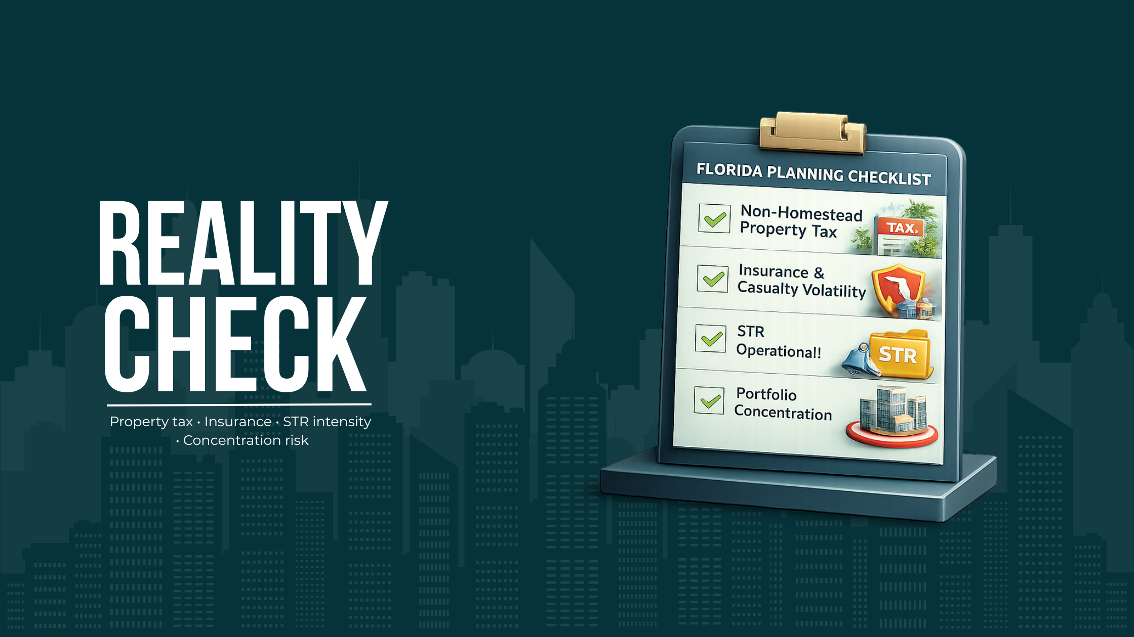 Checklist of Florida-specific factors affecting hold and exit decisions, including insurance, property taxes, STR operations, and concentration risk.