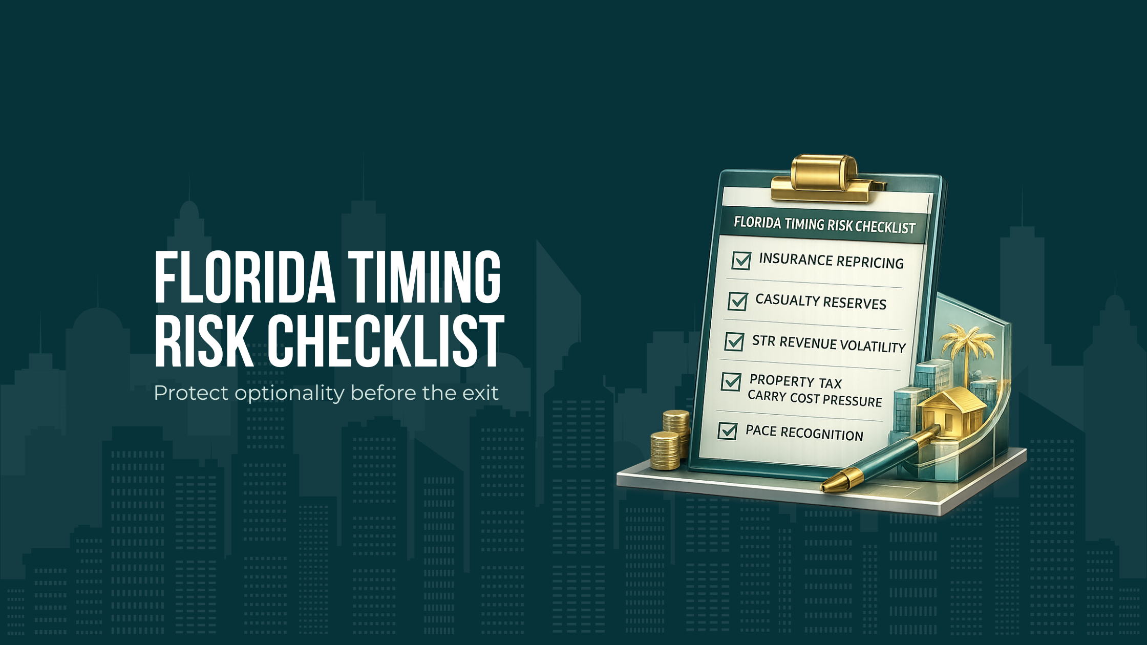 Checklist for Florida investors covering insurance repricing, casualty reserves, STR revenue volatility, and property tax carry-cost pressure with prompts for exit timing and liquidity planning.