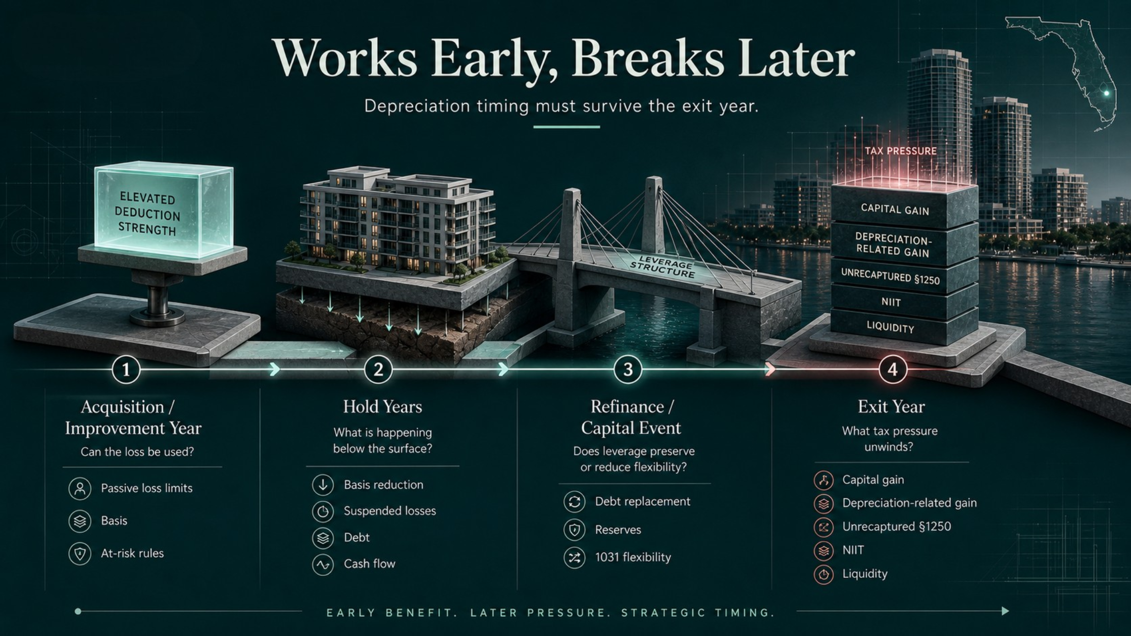 Multi-year depreciation planning timeline showing Year 1 deductions, hold-year basis reduction, refinance pressure, and exit-year tax consequences.