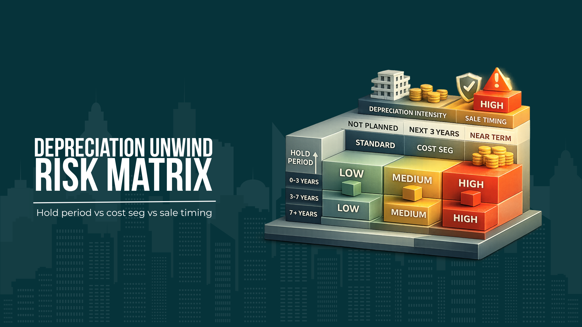 Matrix comparing exit risk levels by hold horizon and depreciation intensity, showing when unrecaptured §1250 and potential ordinary recapture exposure become more binding.