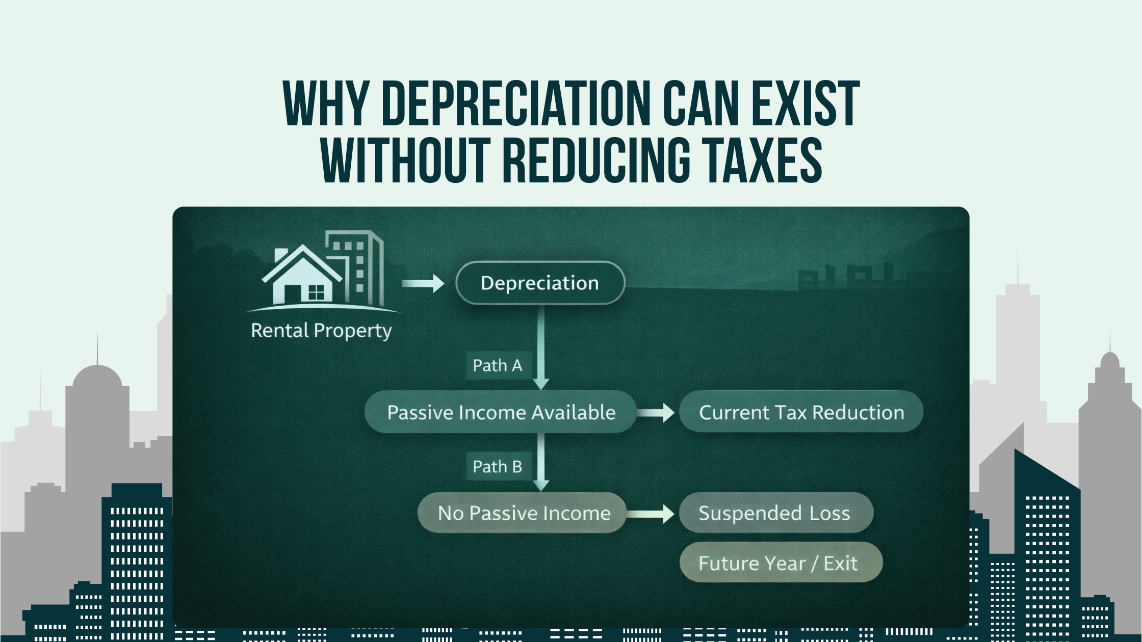 Diagram showing how passive loss rules affect depreciation deductions, including suspended losses and when they can be used by high-income real estate investors