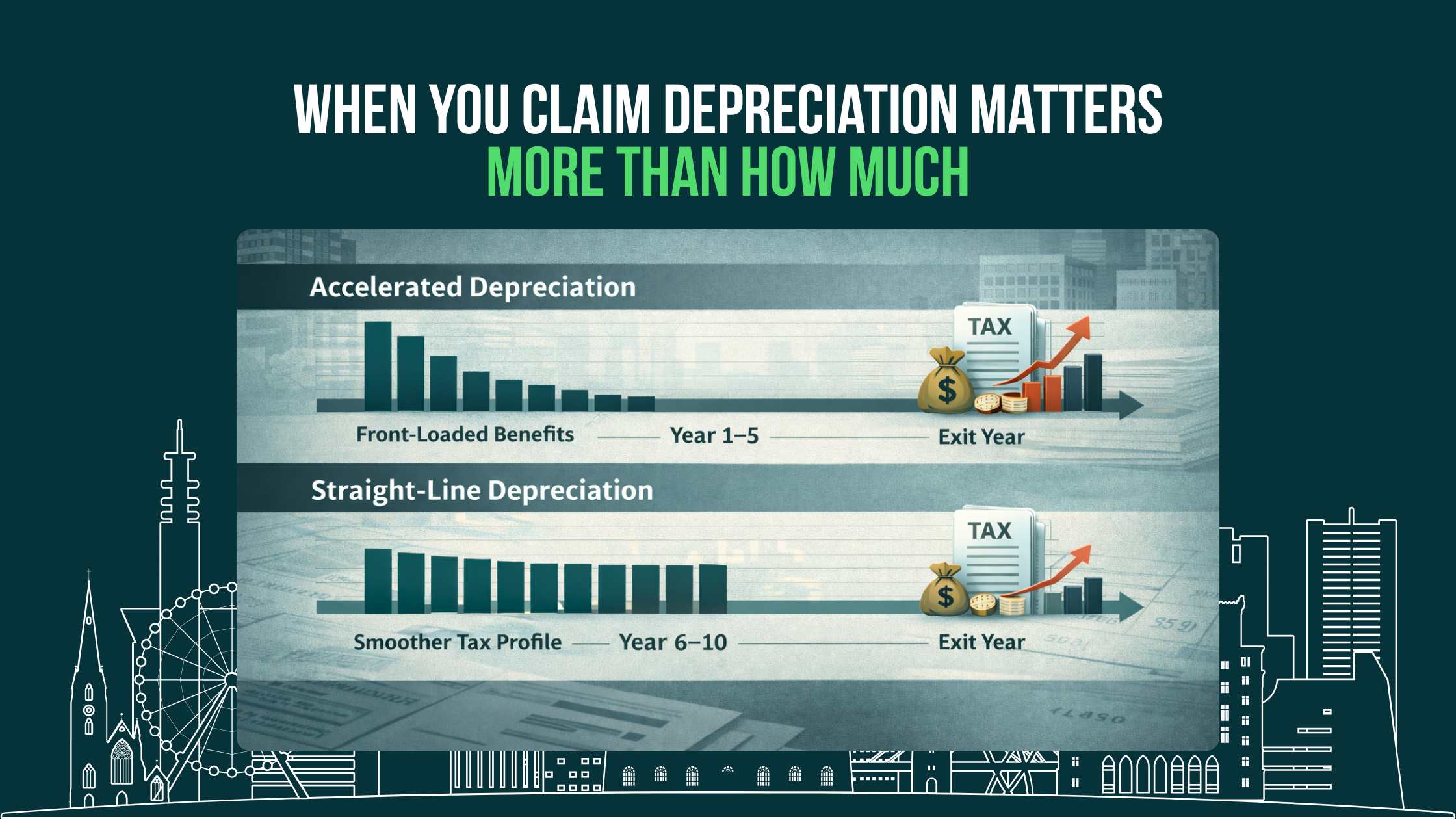 Depreciation timing comparison showing accelerated depreciation versus straight-line depreciation and recapture impact at exit