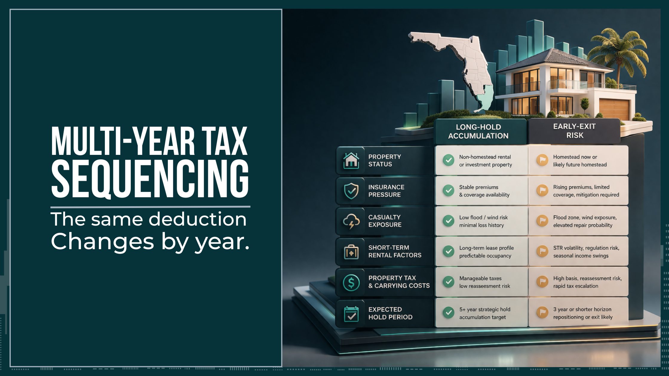 Checklist table for Florida real estate planning covering homestead versus non-homestead economics, insurance pressure, casualty risk, short-term rental volatility, reserves, and hold-period assumptions.