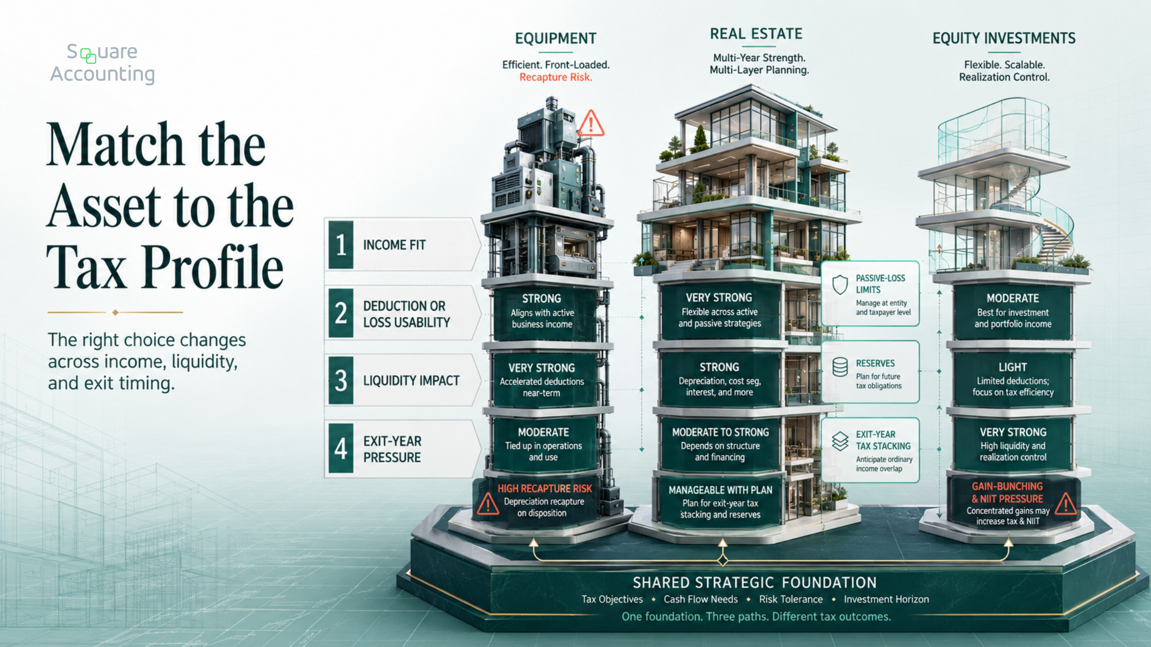 Architectural comparison of equipment, real estate, and equity investments across income fit, tax usability, liquidity impact, and exit-year pressure.