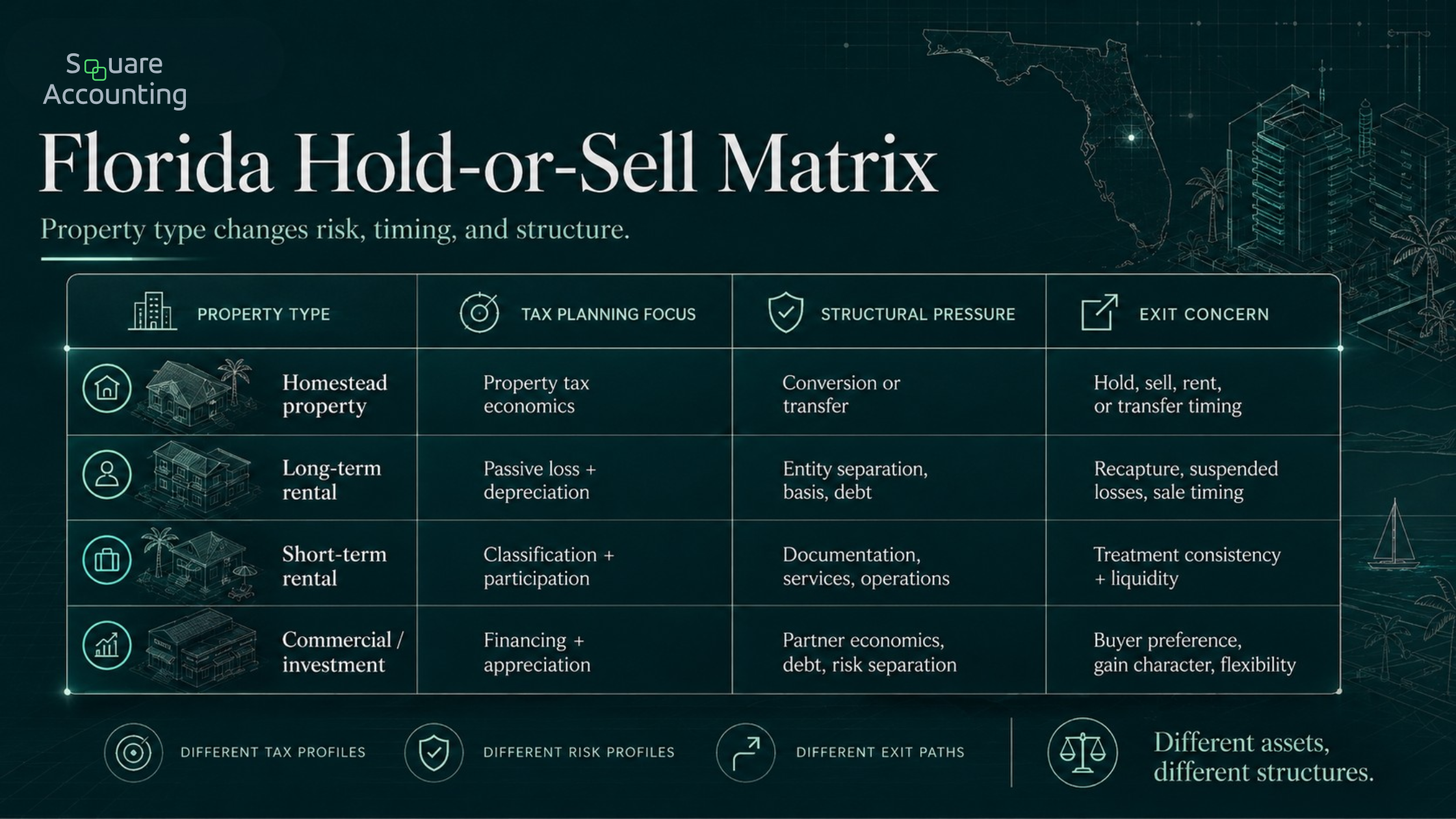 Florida real estate planning matrix comparing homestead property, long-term rental property, short-term rental property, and commercial investment property across tax focus, structure, and exit concerns.