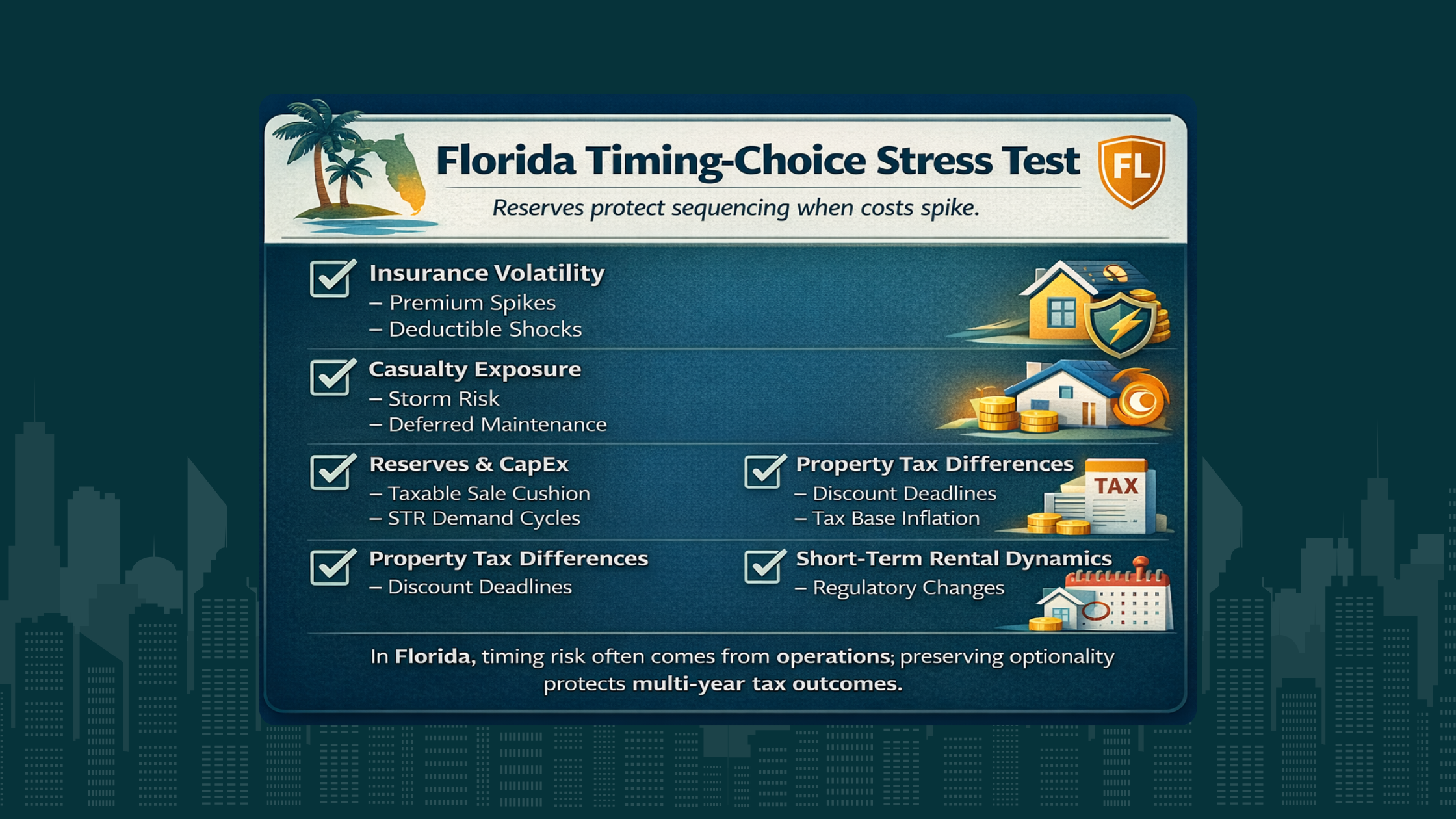 Florida operational checklist linking insurance volatility, casualty risk, STR dynamics, and property tax nuance to exit timing decisions.
