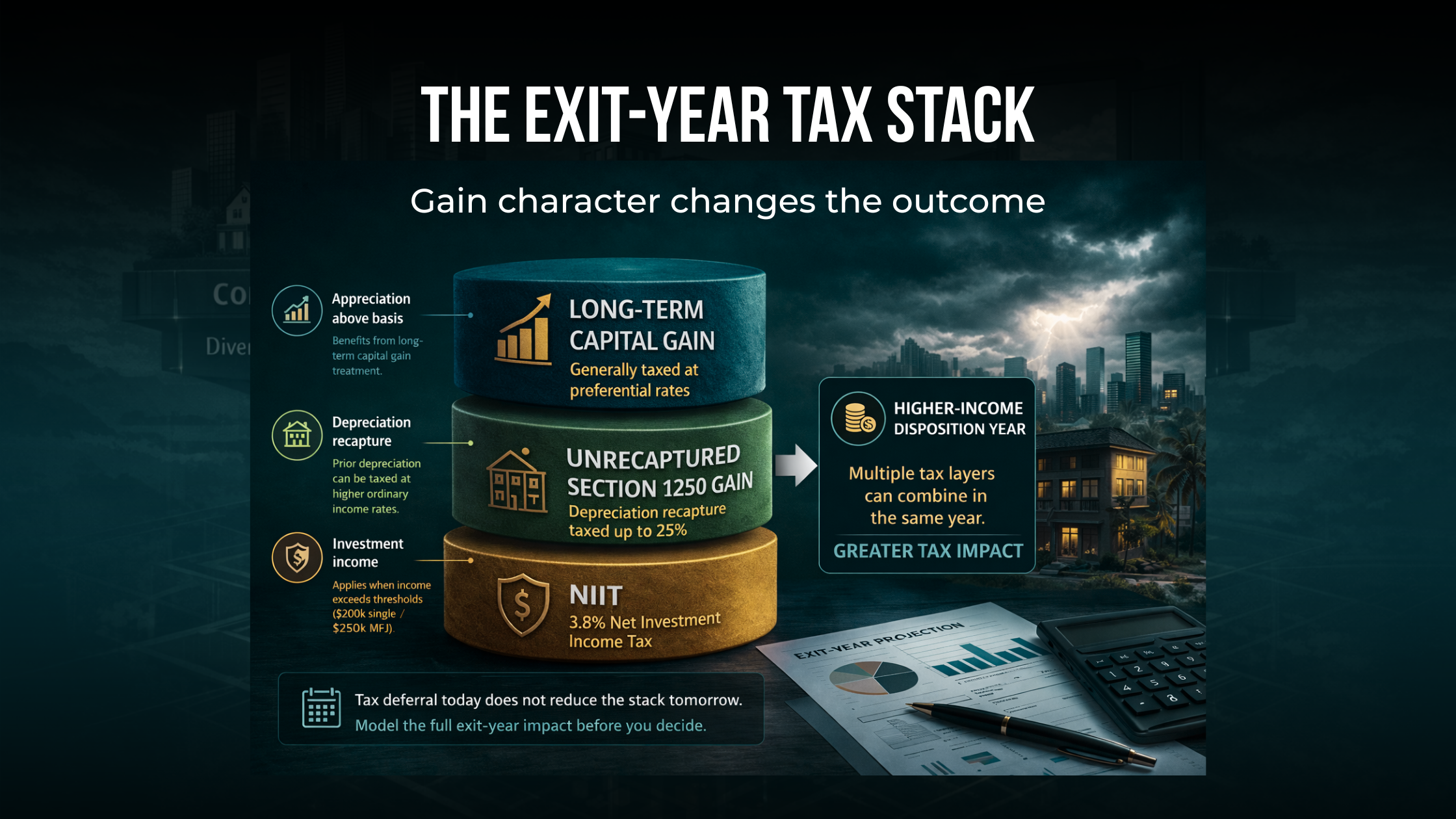 Structured tax-stack graphic showing capital gain, depreciation-related gain, and NIIT layered into one exit-year planning view.