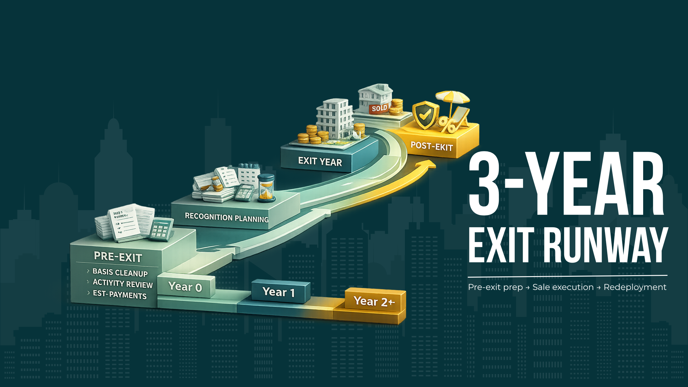 Timeline showing Year 0 preparation, Year 1 sale-year recognition planning, and Year 2+ reinvestment and retirement coordination for a Florida landlord exit.
