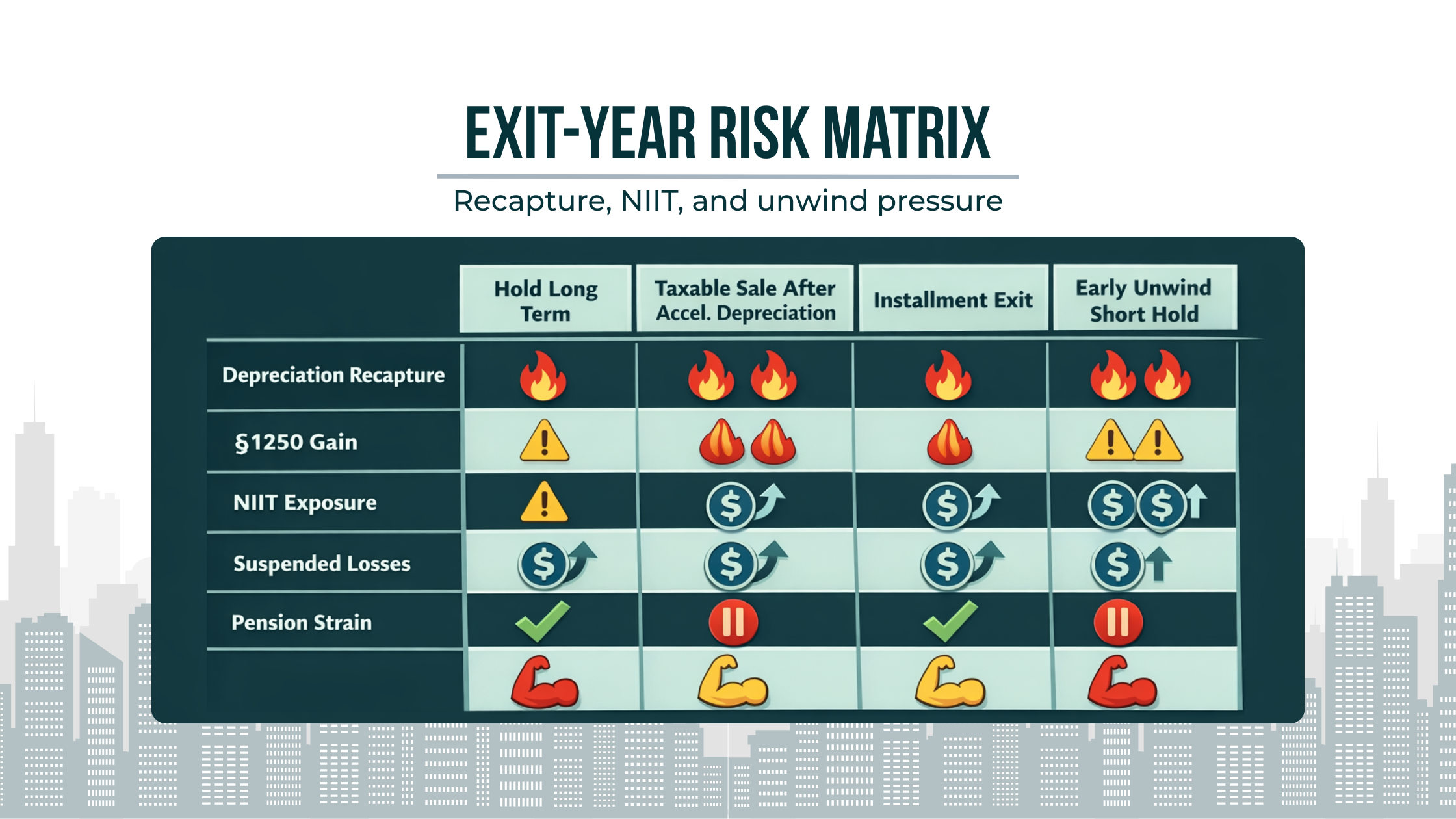 Decision matrix comparing real estate exit scenarios and their effects on depreciation recapture, unrecaptured section 1250 gain, NIIT, and cash balance plan strain.